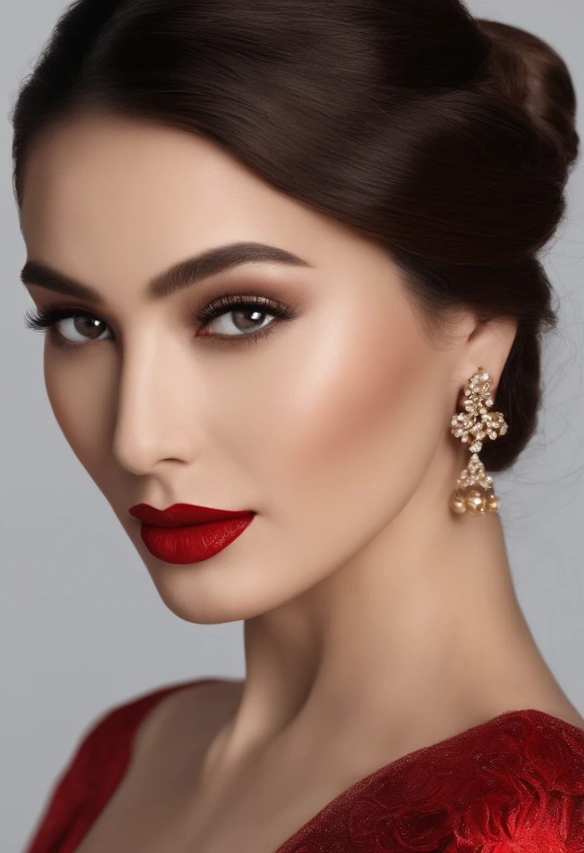 Photoreal of supermodels with strong makeup for a party in red lipstick, red shadows with red brush, with detailed eyes, red formal dress, long wavy hair. Supermodel in her 25s with full eyes, perfect face, detailed brown hair, detailed face and detailed body, detailed skin, pores, cinematic, Octane rendering, Japanese, facial portrait photo
