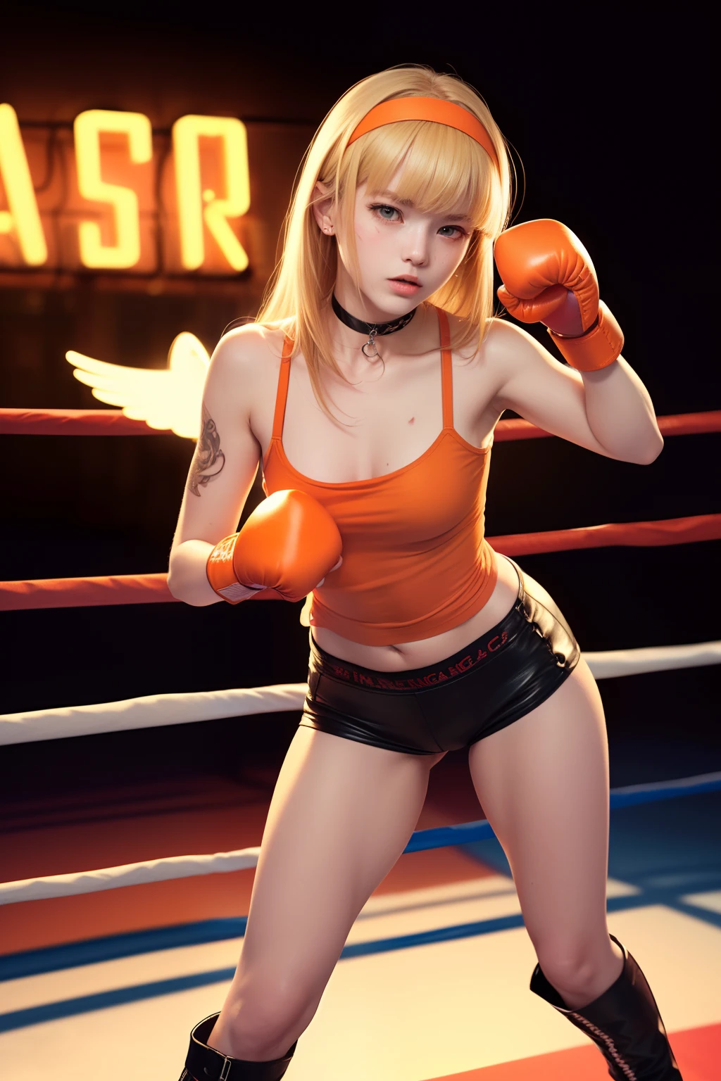 18year old, ((top-quality)), ((​masterpiece)), (high-detail:1.3), (upper body), (((front view))), Beautiful face (angelic:1.3), ((woman wearing orange camisole)), ((choker)), ((sweatbands)), ((white leather boots)), ((orange hairband)), (((very small breasts))), Slim waist, small buttocks, (Japanese beauty), superfine illustration, exaggerated hair, ((long blonde hair with bangs)), (no bra!), ((barechested!), boxing ring!, ((tattoo)), (((cuts and grazes on skin))), ((fighting stance!)), ((fists held in front of body)), ((angelic face)), ((neon signs)), ((manacles))