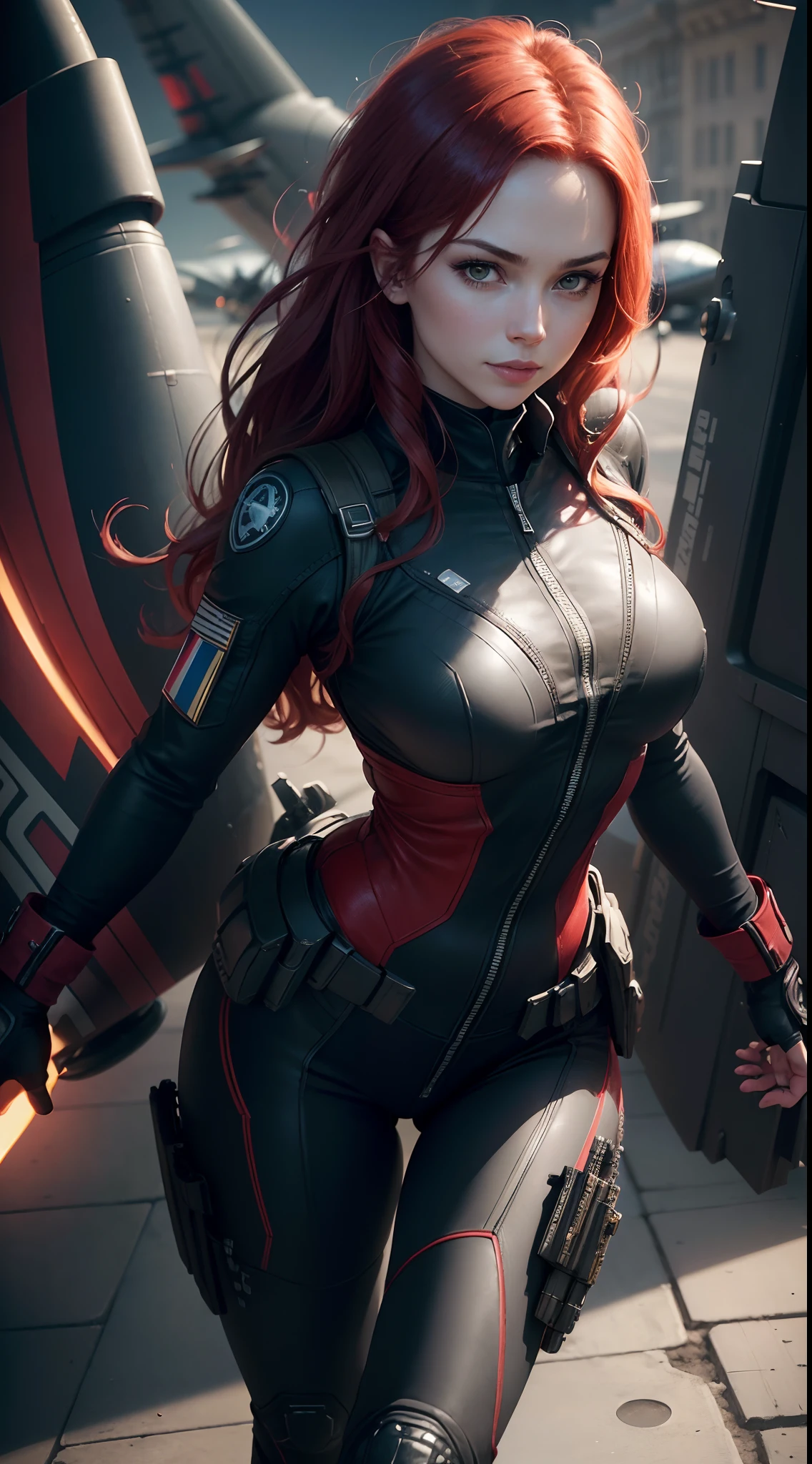 (black widow movie poster:1.1)、(Titles:1.1)、(and credits:1.1)、1womanl、(Super beautiful)、(beauitful face:1.5)、(A detailed face)、black widow natasha、Red hair、(Thick bodysuit:1.1)、(long boot rack belt:1.1)、(Bare legs:1.2)、(with spreading legs:1.1)、(helicopter:1.2)、(At SFW)