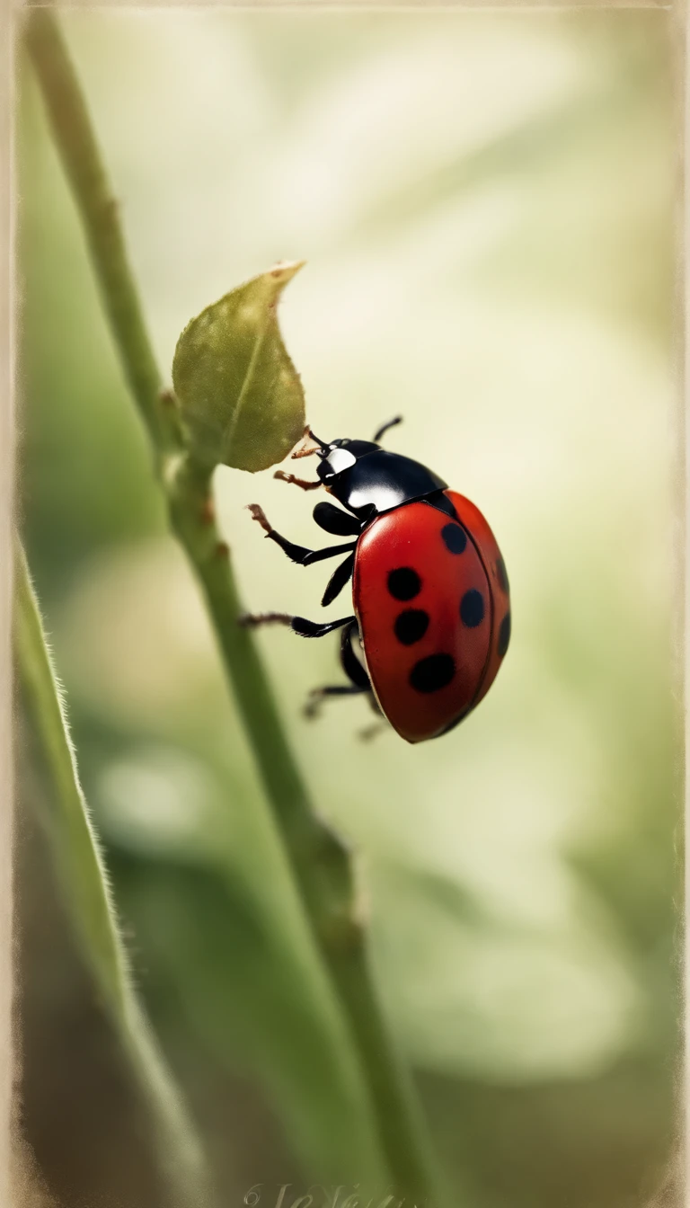 una coccinella rossa su foglia rugiadosa