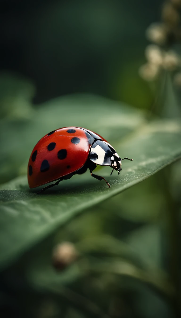 una coccinella rossa su foglia rugiadosa