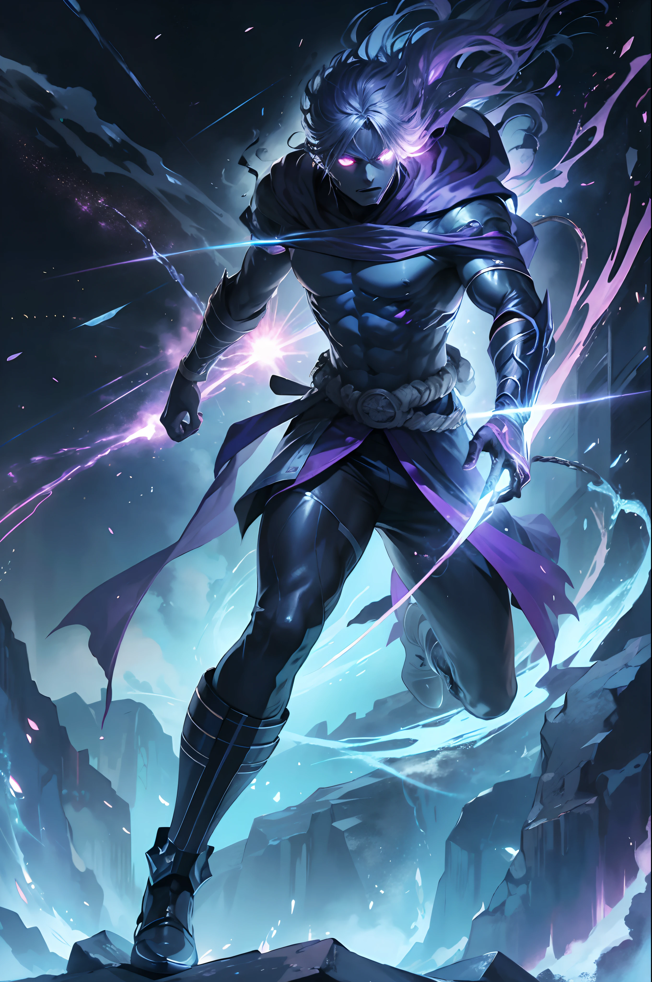 Epic anime style, extremely accurate rendering, purple lightning, evil aura, 20 year old male shadow assassin, brilliant black aura, shadow guardian, handsome face, dazzling and grave. Beautiful standard body and perfect body structure. full body shot of a man with a long sword-shaped lightning bolt in his hand, an epic anime about a purple energy man, in a fighting stance with a long purple-black ponytail and glowing eyes Red light looks at the viewer, full pants. Gapmoe Yandere cool, menacing appearance, gintama's Hijikata Toushirou, inspired by Masanobu Okumura, the originator of the anime art style, Nobutaka Ike, the night war going on behind him. Highest image quality 8K, details of everything 8K.