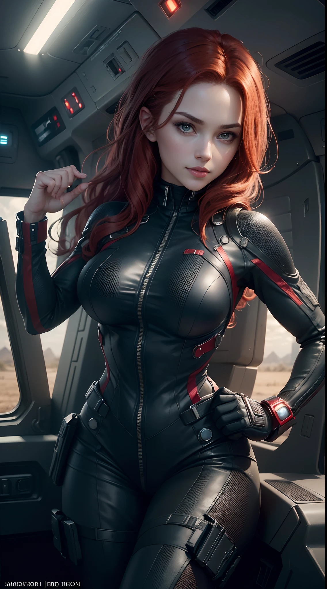 1girl, Full body:1.1, Natasha Romanoff style of the Black Widow (from marvel universe)costume, medium breasts, on an alien planet, (masterpiece, best quality, detailed skin texture, detailed cloth texture, beautiful detailed face, intricate details, ultra detailed),  short wavy red hair, whole body, smile, ((driving a fighter jet))), (((from top))), (Best quality, A high resolution, Photorealistic, primitive, 8K,Masterpiece, ),Best quality, Masterpiec8K.hdr. High ribs:1.2, filmgrain, Blur bokeh:1.2, Lens flare, (vivd colour:1.2), (Delicate),