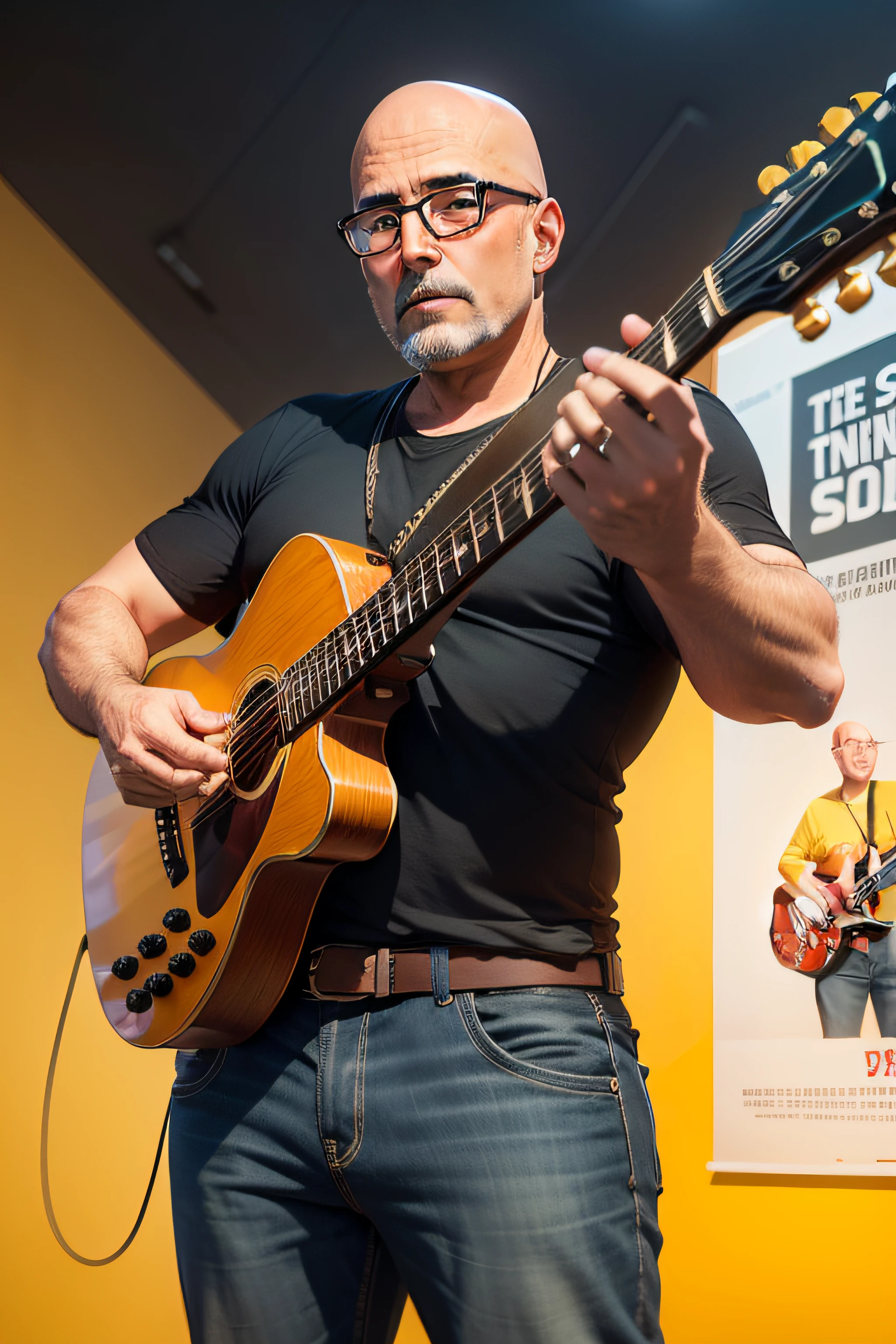 Promotional poster of a small voice presentation, guitar and percussion with a bald 55-year-old man who wears glasses. usar tons de preto e amarelo.