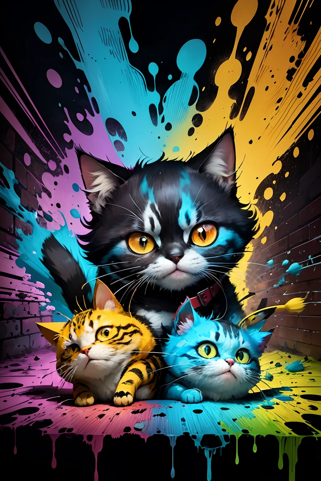 Draw a cat with a splashing face and a brush, Graffiti art by Jerzy Kossak, art stations, shock art, vibrant cartoon art, toxic cat, style of jeff soto, !!!! cat!!!!, lan mcque, digital cartoon painting art, alex pardee, archan nair, splashed with graffiti art, awesome cat, cat. Digital painting --auto