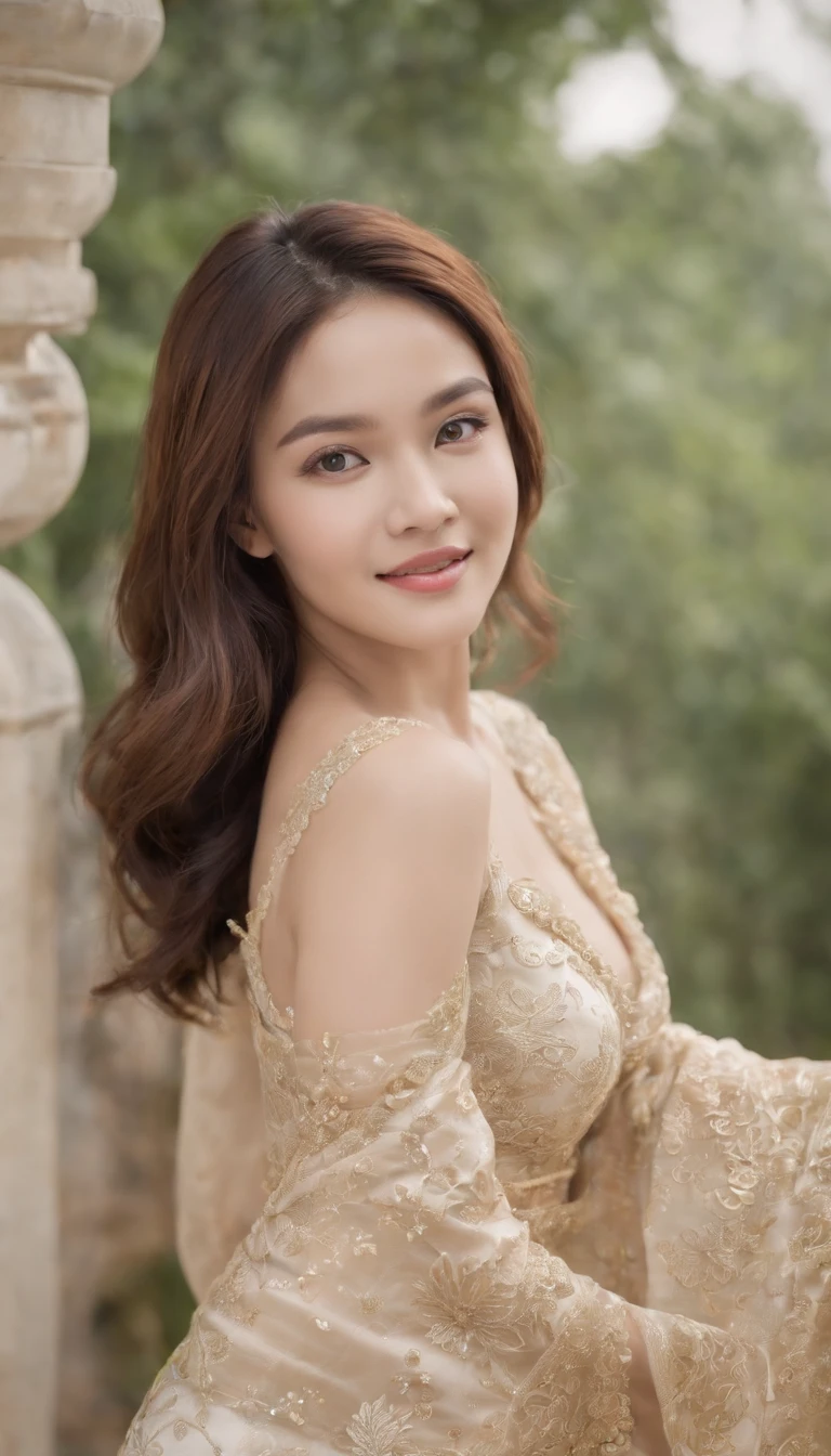 myth,argent,kebaya,Scroll,batik,sleeveless, treasure,universe, face the camera, smile, 19 year old girl, cute girl, beautiful girl, indonesian model, white healthy skin, delicate eyes, tied-up hair, ethnic earrings, gold tiara, full body photo, (sexy body:1.2), (slim waist:1.2), product photo shot, shows an insto eyedrop product