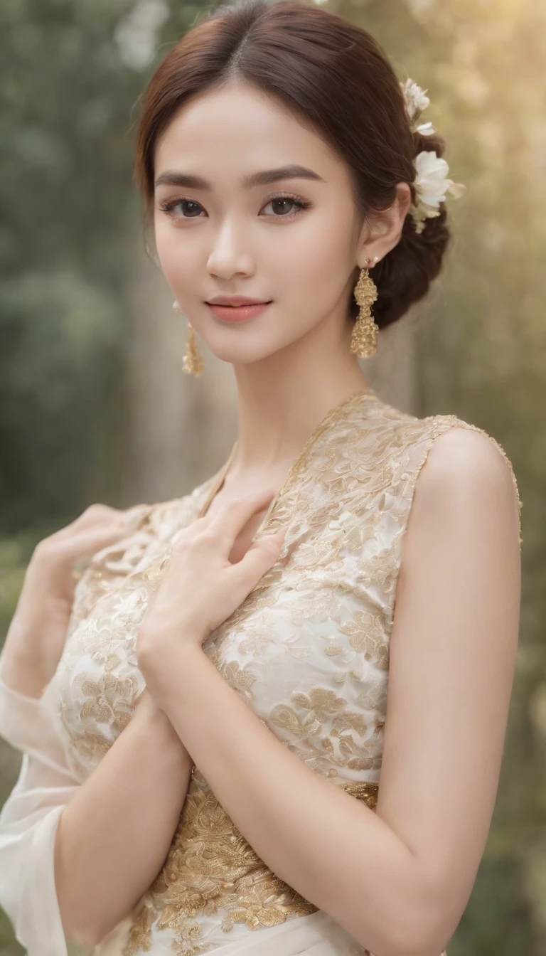 myth,argent,kebaya,Scroll,batik,sleeveless, treasure,universe, face the camera, smile, 19 year old girl, cute girl, beautiful girl, indonesian model, white healthy skin, delicate eyes, tied-up hair, ethnic earrings, gold tiara, full body photo, (sexy body:1.2), (slim waist:1.2), product photo shot, shows an insto eyedrop product