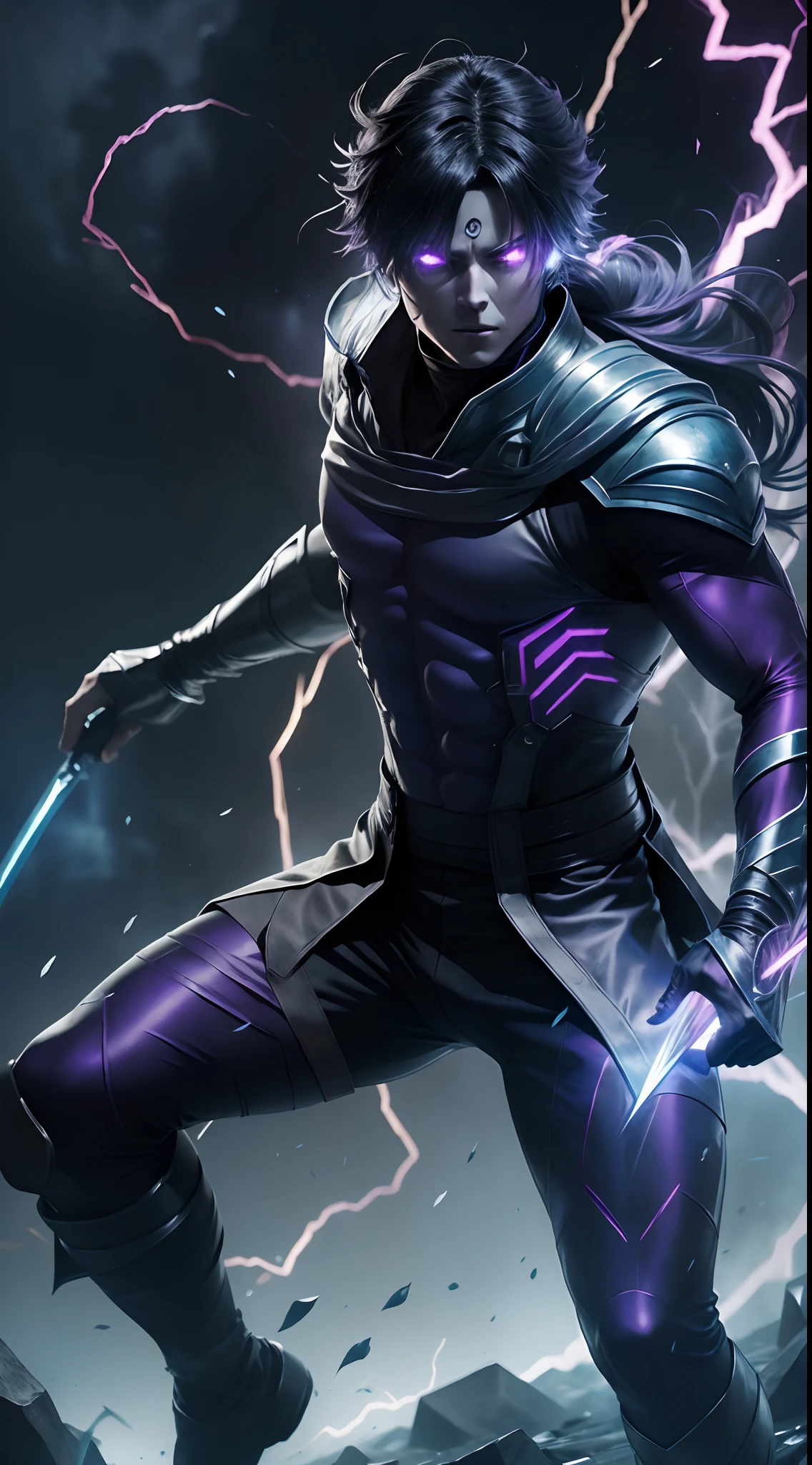 Epic anime style, extremely accurate rendering, purple lightning, evil aura, 20 year old male shadow assassin, brilliant black aura, shadow guardian, handsome face, dazzling and grave. Beautiful standard body and perfect body structure. full body shot of a man with a long sword-shaped lightning bolt in his hand, an epic anime about a purple energy man, in a fighting stance with a long purple-black ponytail and glowing eyes Red light looks at the viewer, full pants. Gapmoe Yandere cool, menacing appearance, gintama's Hijikata Toushirou, inspired by Masanobu Okumura, the originator of the anime art style, Nobutaka Ike, the night war going on behind him. Highest image quality 8K, details of everything 8K.