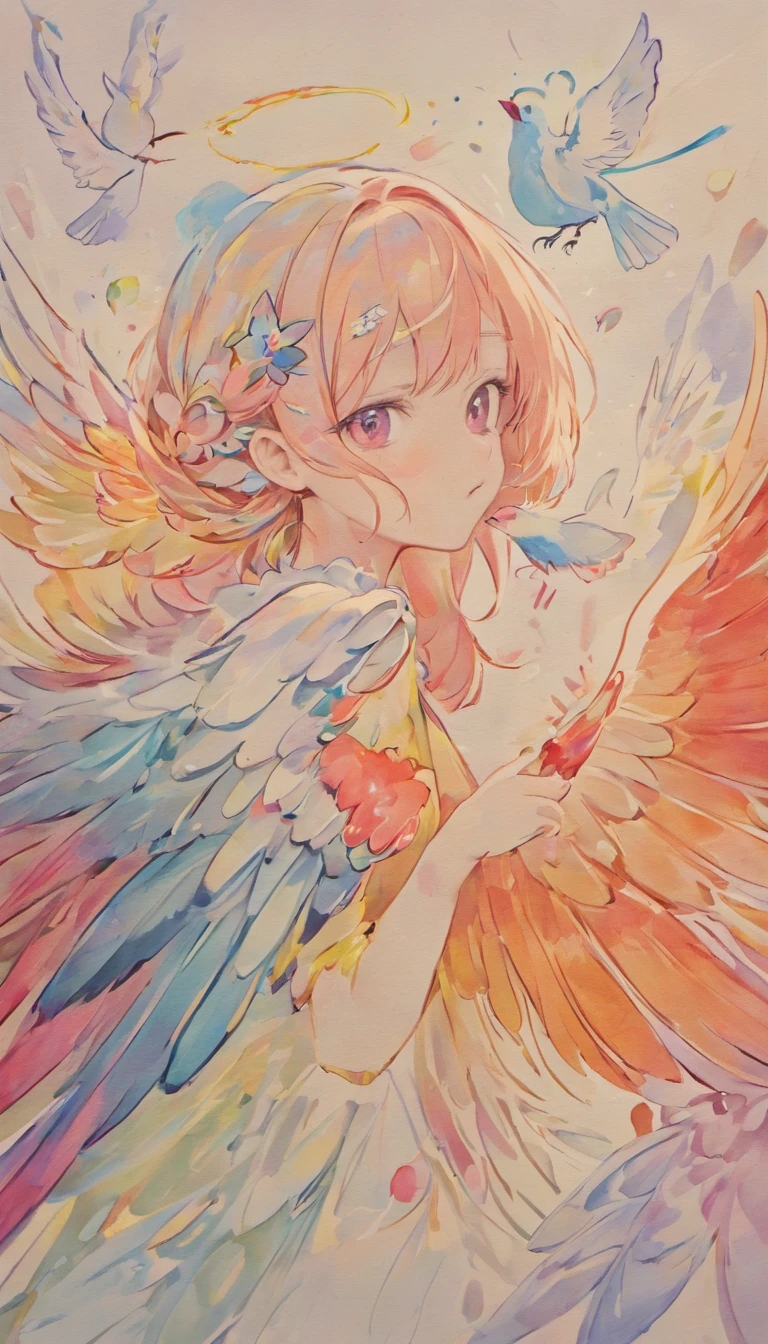 When painting this picture，Here are some drawing cue words：

butcher birds：When drawing rainbow birds，Its tenderness and beauty can be emphasized，With soft colors and smooth lines to express its feathers and body。
Wing injury：In order to show the scene of wing injury，Wounds and blood stains on the wings can be depicted，and a feeling of weakness in the wings after an injury。
Fall headfirst down：When painting a rainbow bird head down and falling，It is possible to draw its eyes and mouth，Show its pain and helplessness。ao mesmo tempo，Also pay attention to expressing the dynamic sense of falling，Such as the fluttering of hair and clothing。
Fall to the ground：While painting a rainbow bird falling to the ground，It is possible to draw the details of the ground，Such as flowers and stones，Enhance the three-dimensional and realistic sense of the picture。
Elegant fall trajectory：In order to show the fall trajectory of the rainbow bird，Some streamlined trajectories can be drawn，Make the picture smoother and more beautiful。