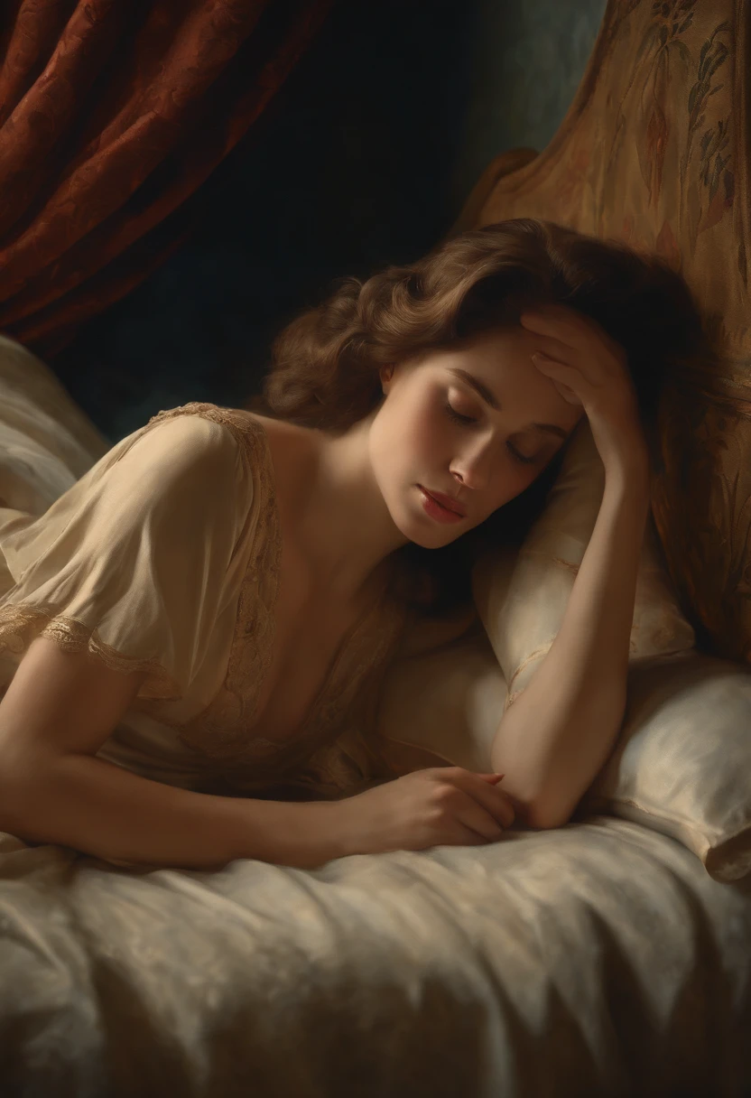 Image of Eleanor at Alexander's bedside, tears in her eyes,soft portrait lighting(medium),oil painting,emotional,close-up,Eleanor and Alexander,embrace,gentle touch,comfort,gentle whispering,colorful tapestry,velvet drapes,antique bedside table,vintage candlestick,emotional vulnerability,moment of love and sadness,deep connection,warm and tender,parting words,detailed facial expressions,masterpiece:1.2,ultra-detailed,realistic:1.37,rich colors,soft focus