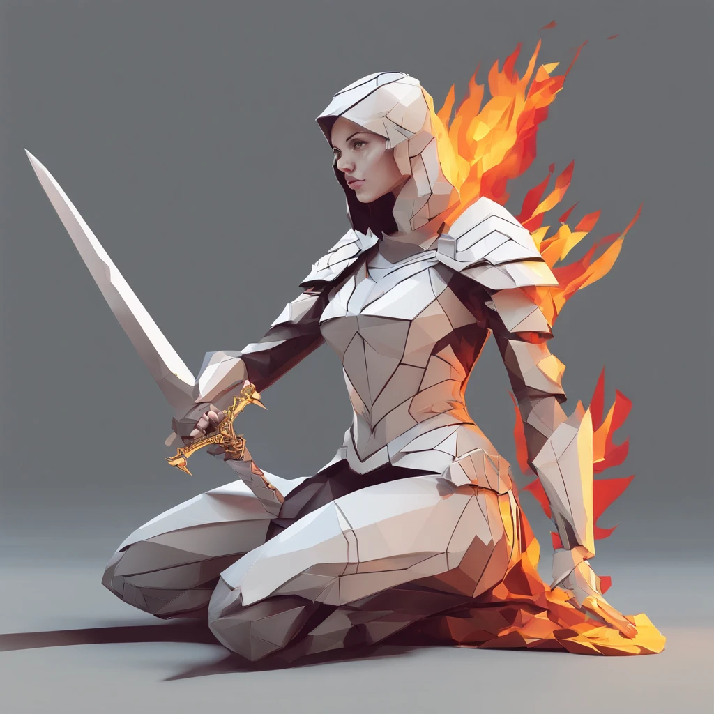 An armored paladin woman kneeling on one knee holding a flaming sword, abstract beauty, Centered, Looking at the camera, Facing the camera, nearing perfection, Dynamic, Highly detailed, smooth, Sharp focus, 8K, high definition resolution, illustration, adobe illustrator, flat, Art by Ramil Sunga, Casper Konefal, Nick Thornborrow, and Matt Rhodes