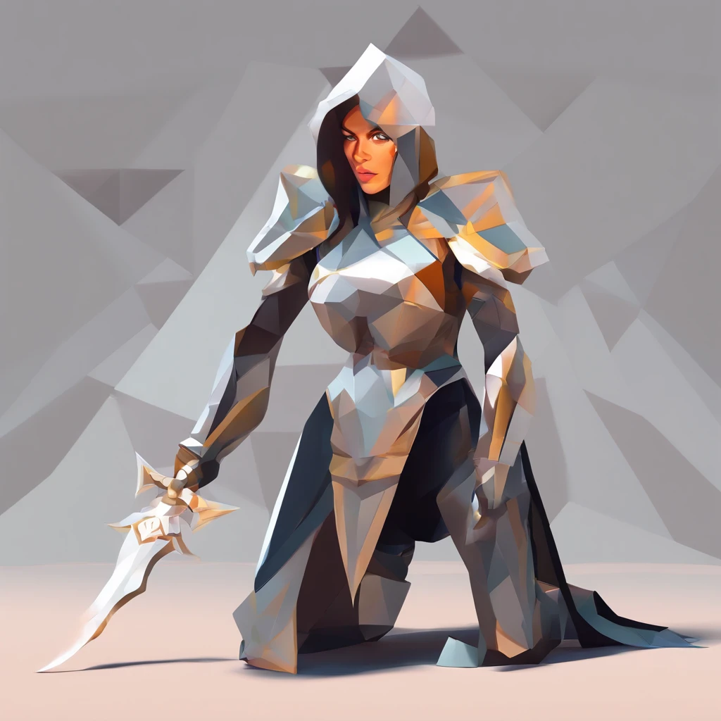 An armored paladin woman kneeling on one knee holding a flaming sword, abstract beauty, Centered, Looking at the camera, Facing the camera, nearing perfection, Dynamic, Highly detailed, smooth, Sharp focus, 8K, high definition resolution, illustration, adobe illustrator, flat, Art by Ramil Sunga, Casper Konefal, Nick Thornborrow, and Matt Rhodes
