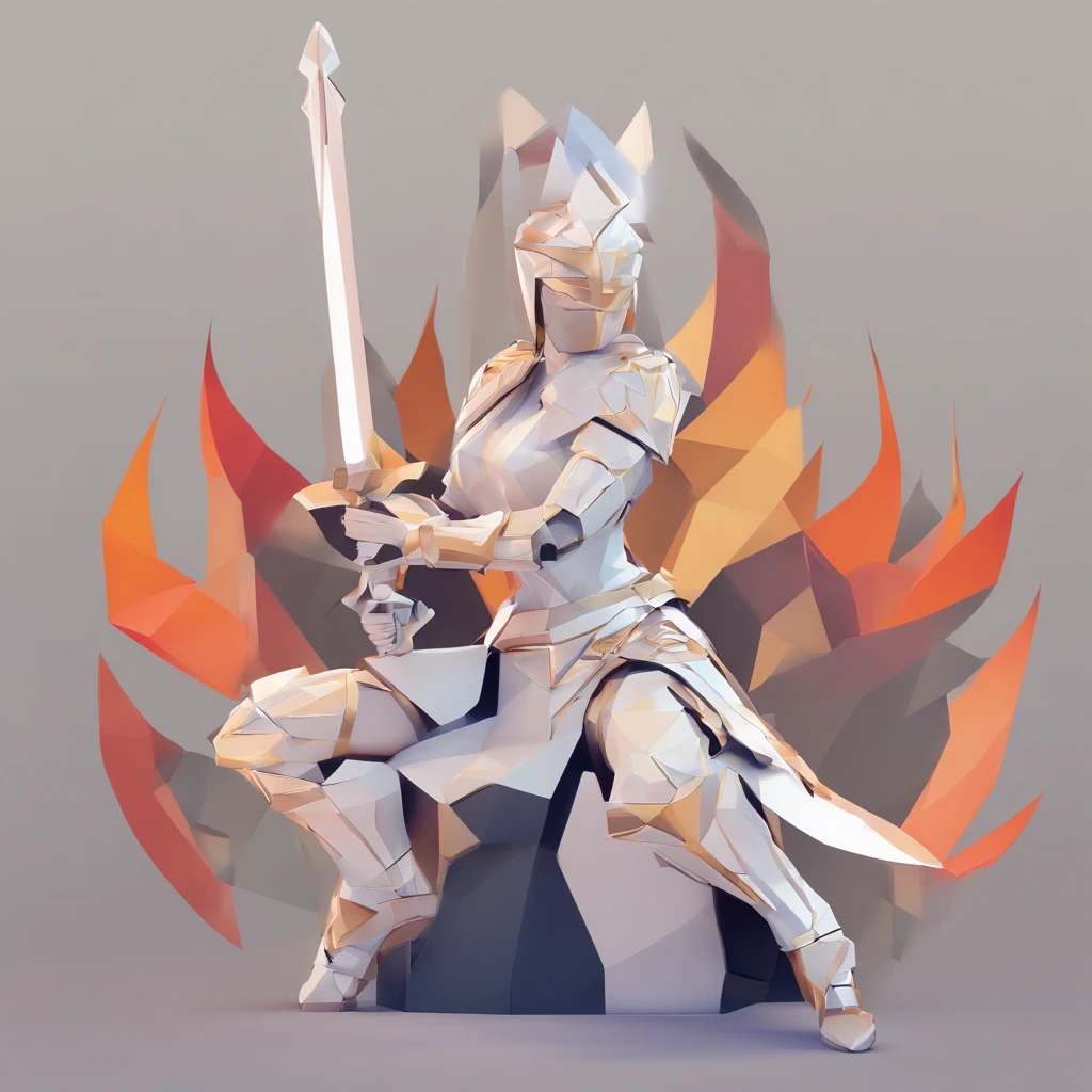 An armored paladin woman kneeling on one knee holding a flaming sword, abstract beauty, Centered, Looking at the camera, Facing the camera, nearing perfection, Dynamic, Highly detailed, smooth, Sharp focus, 8K, high definition resolution, illustration, adobe illustrator, flat, Art by Ramil Sunga, Casper Konefal, Nick Thornborrow, and Matt Rhodes