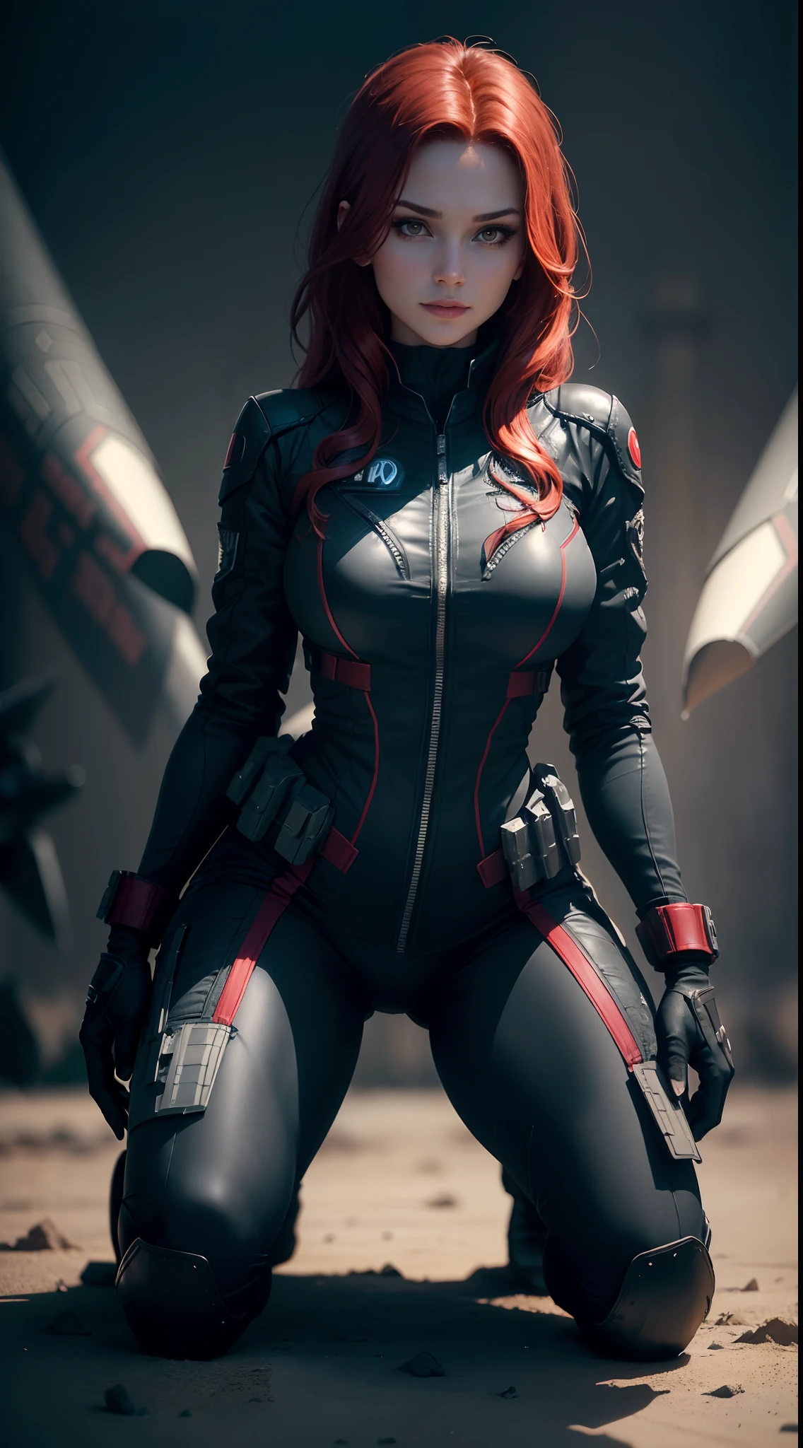 1girl, Full body:1.1, Natasha Romanoff style of the Black Widow (from marvel universe)costume, medium breasts, on an alien planet, (masterpiece, best quality, detailed skin texture, detailed cloth texture, beautiful detailed face, intricate details, ultra detailed),  short wavy red hair, whole body, smile, kneeling,(((in a fighter jets))), (((from top))), (Best quality, A high resolution, Photorealistic, primitive, 8K,Masterpiece, ),Best quality, Masterpiec8K.hdr. High ribs:1.2, filmgrain, Blur bokeh:1.2, Lens flare, (vivd colour:1.2), (Delicate),