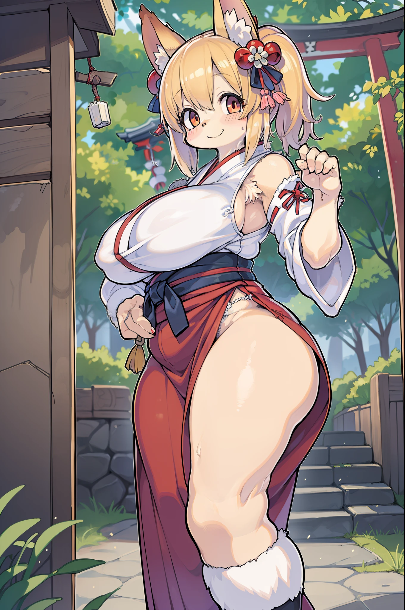 Fox Woman、body covered with fur、huge-breasted、kawaii、shrine maiden、Japan white clothes,Red Hakama、torii gate,summer day、From below、Wide Shot、Very Wide Shot、A big smile、bbw、thick thight、big butts、Ultramammy