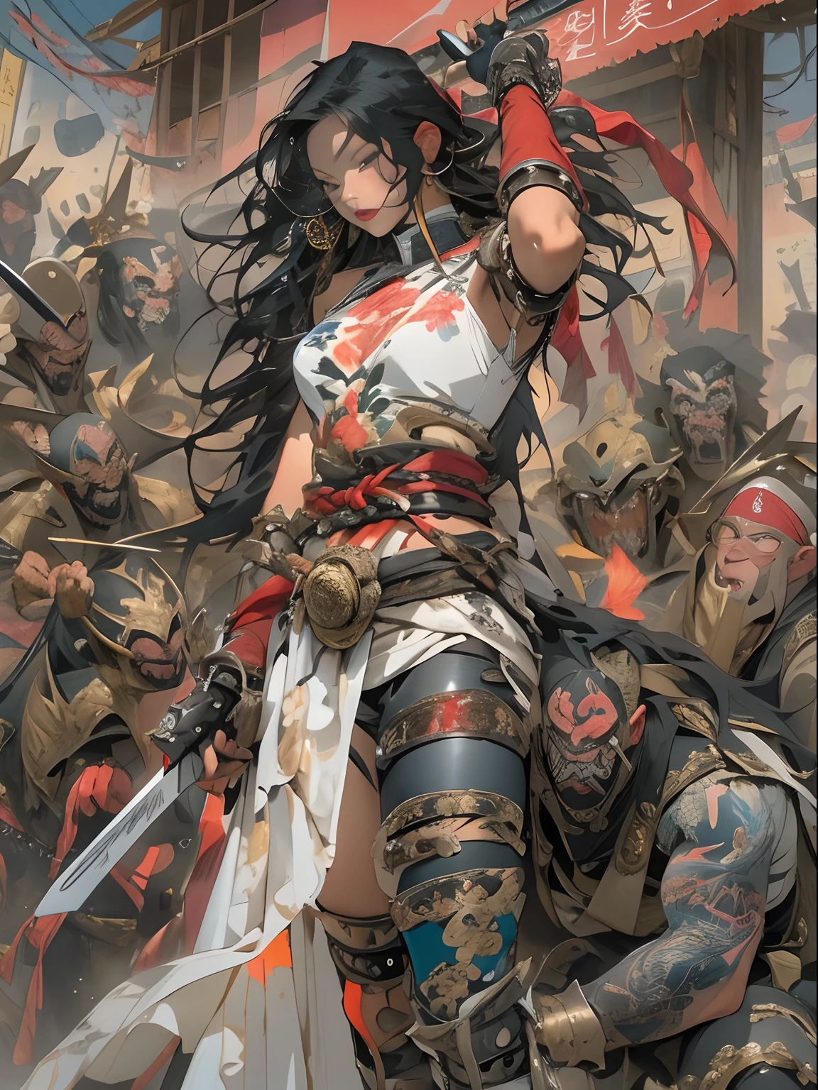 (((woman))), (((best qualityer))), (((tmasterpiece))), (((AS-Adult))), ((( Japanese ))), Look up from your knees, A beautiful asian samurai woman with perfect body, Modern samurai, ((( Asian))), Wear gloves on your hands,The left arm is made of steel and metal tips,Made of protective devices, The eyes are pulled, (( Appears below the breast )), (( Small dental floss )), Simon Bisley, Almost naked(Simon Bisley)Castle City Wilderness,For high-resolution posters, hair straight, Minimum clothing, armure (Crazy clothes ), Full of tips and rivets, tribal tattoos, (((full bodyesbian))), Straight brunette hair,Colored hair ends