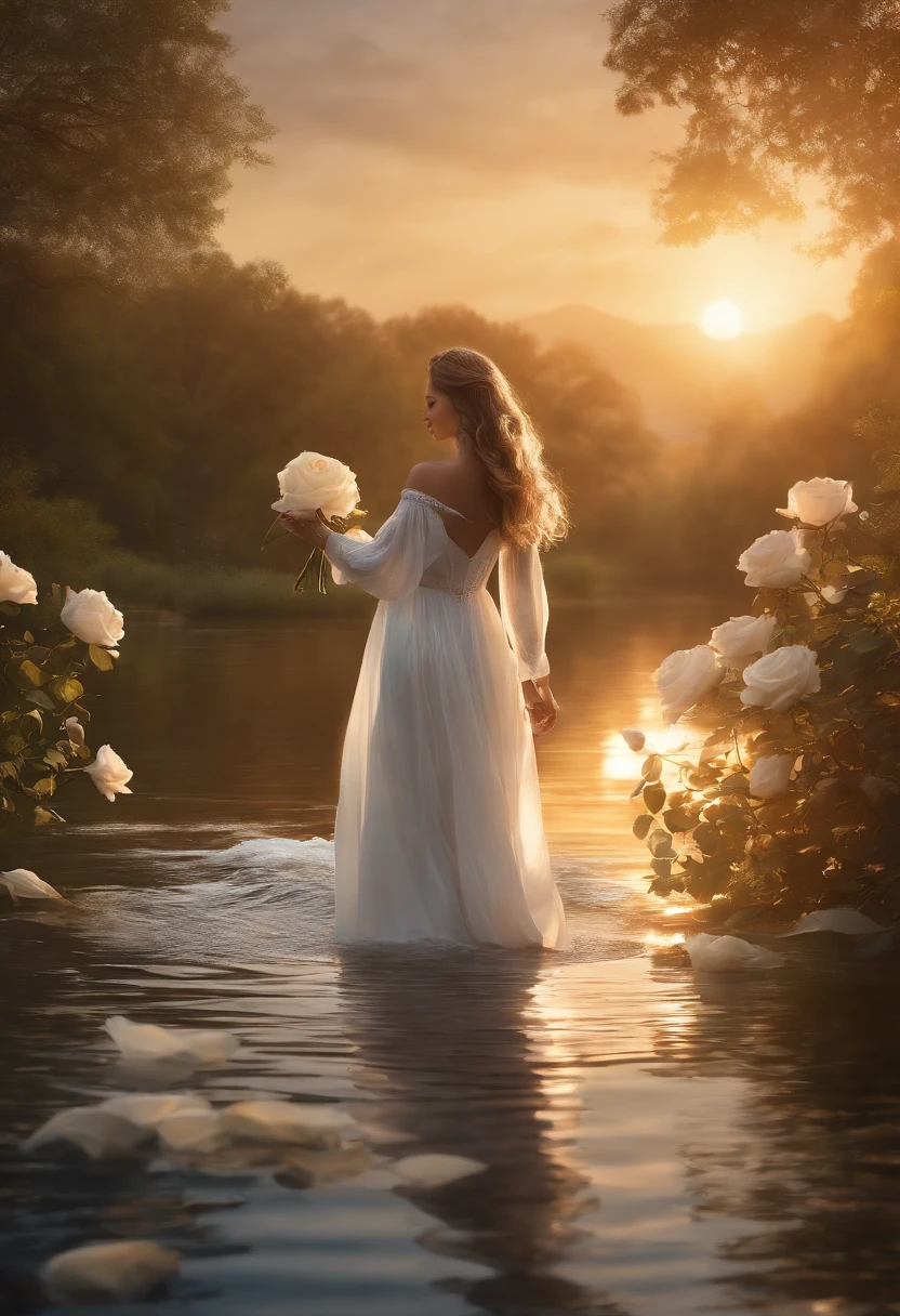 A beautiful woman in an elegant white dress gracefully walks through a garden by a body of water, surrounded by flowers and trees. The painting is done in soft colors, in the style of Louis Michel Ballou. She has her hair styled up high on top of her head and wears jewelry. Her skirt flows elegantly around her feet as she walks, creating a dreamy atmosphere. This artwork conveys romance and elegance, showcasing detailed brushstrokes that bring out every detail of her figure.