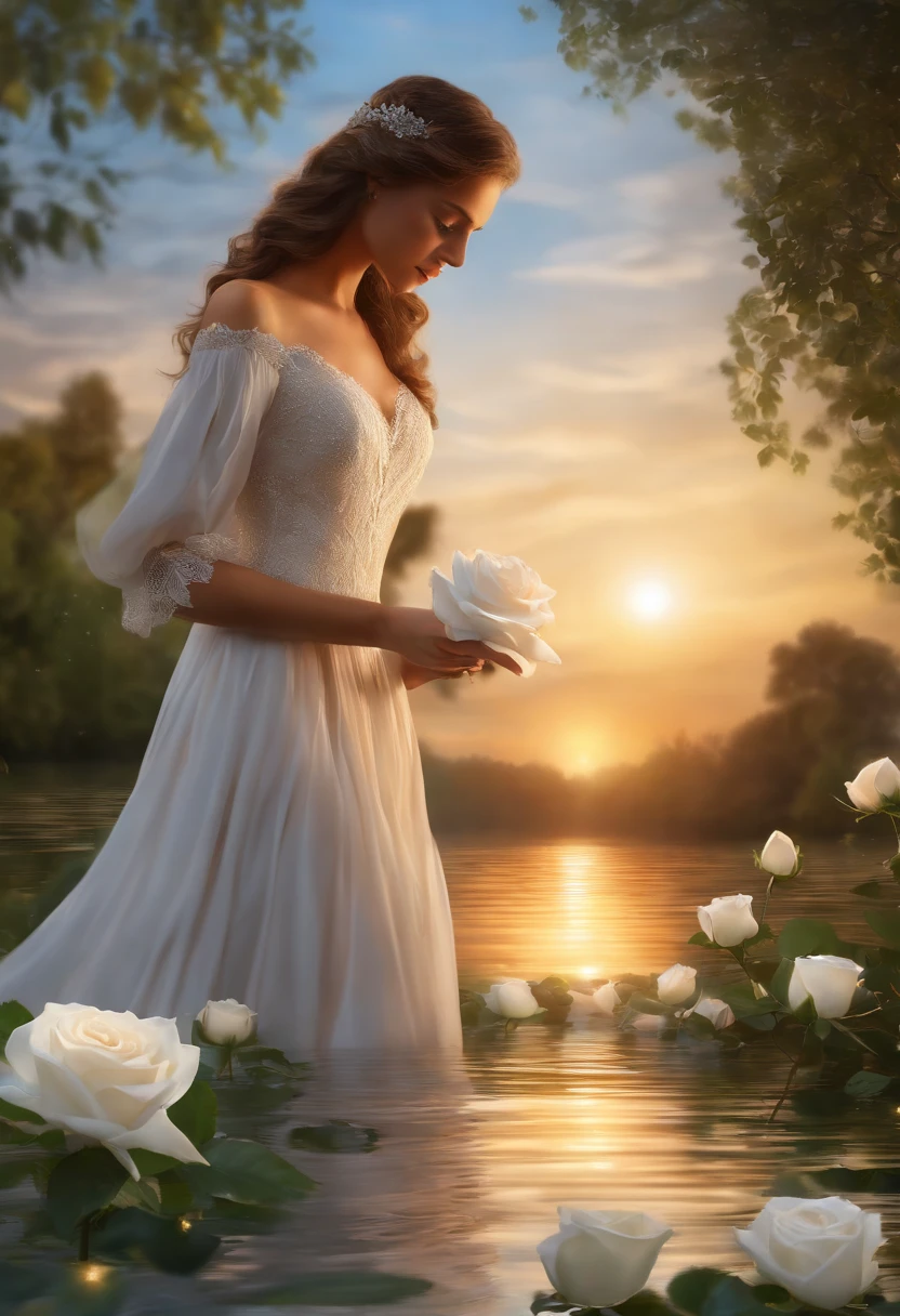 Eleanor releasing a white rose onto the river,illustration,(best quality,4k,8k,highres,masterpiece:1.2),ultra-detailed,realistic:1.37,vivid colors,shimmery water,rippling waves,delicate petals,floating reflections,softly glowing sunlight,ethereal atmosphere,sunset hues,gentle breeze,serene mood,dreamlike scenery,splendid beauty,romantic ambiance,peaceful moment
