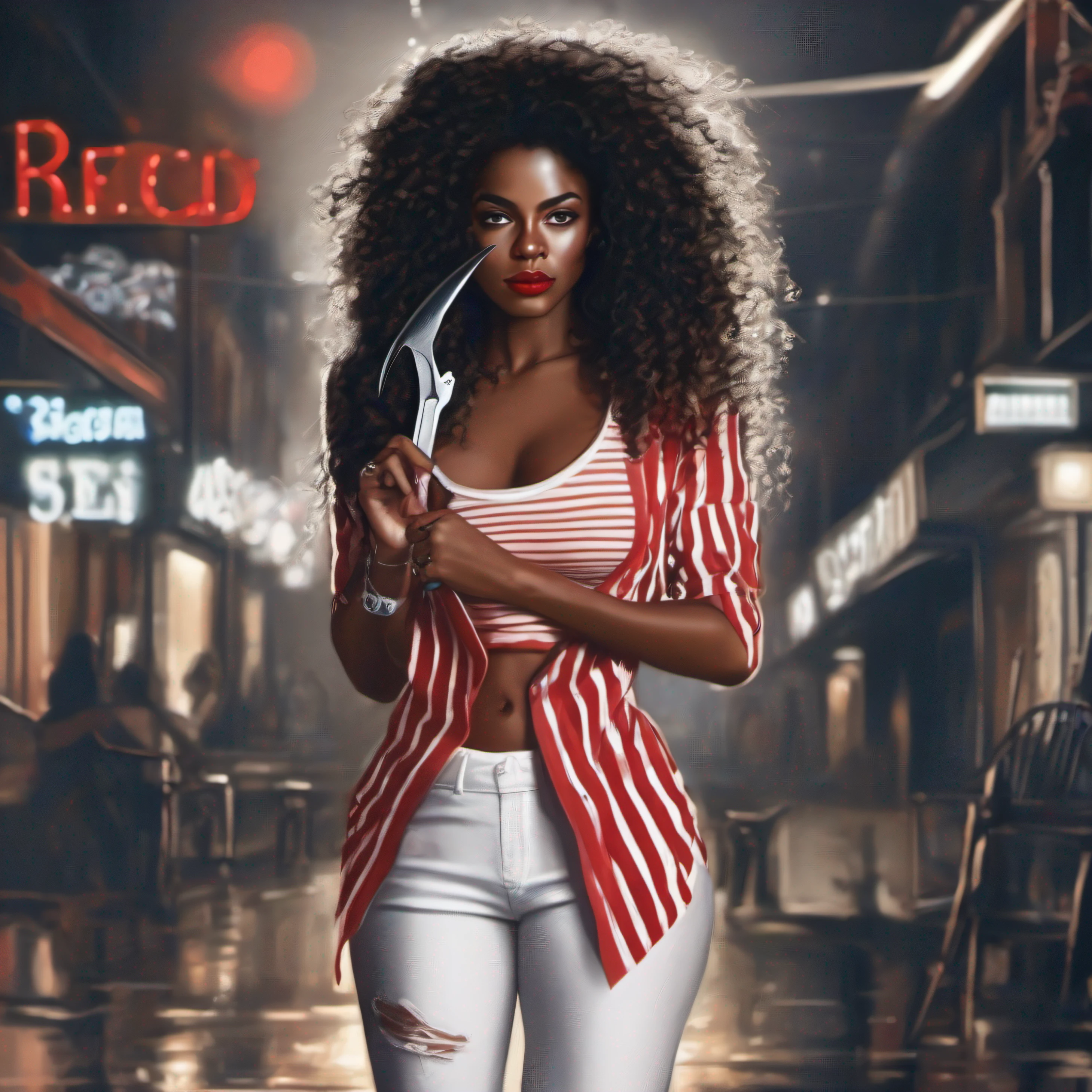 Beautiful black woman, long and curly hair, penetrating gaze, full body image, red lipstick, is holding a razor, long and curly hair, red and white hat, wears a low-cut white and red striped shirt, white pants, is in a street, some bars and lights, it's night, an intriguing image, an entity.