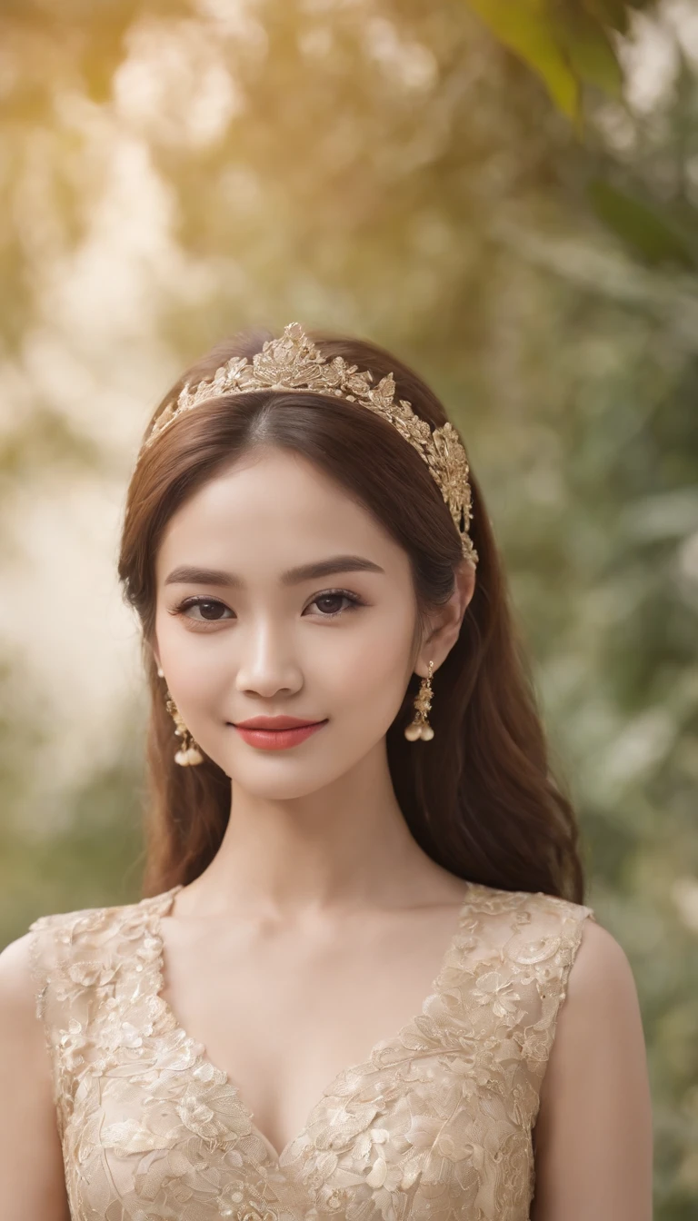 myth,argent,kebaya,Scroll,batik,sleeveless, treasure,universe, face the camera, smile, 19 year old girl, cute girl, beautiful girl, indonesian model, white healthy skin, delicate eyes, tied-up hair, ethnic earrings, gold tiara, full body photo, (sexy body:1.2), (slim waist:1.2), product photo shot, shows a lipstick product