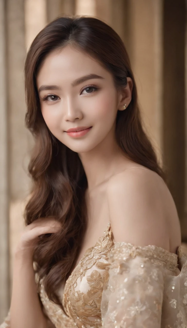myth,argent,kebaya,Scroll,batik,sleeveless, treasure,universe, face the camera, smile, 19 year old girl, cute girl, beautiful girl, indonesian model, white healthy skin, delicate eyes, tied-up hair, ethnic earrings, gold tiara, full body photo, (sexy body:1.2), (slim waist:1.2), product photo shot, shows a lipstick product