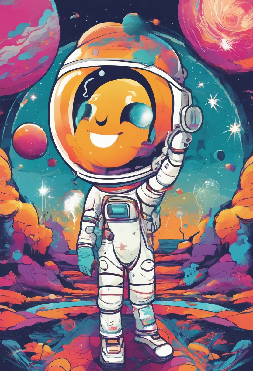 Create a happy and vibrant digital art illustration，A cheerful astronaut in a whimsy, Outer space settings. Use a bright and happy color palette to bring astronauts to life, And design a background that contains playful elements，Like colorful planets, Smiling stars, and floating ice cream cones. Ensure that astronauts are portrayed in an easy and vivid manner, Evoke a sense of wonder and well-being. This artwork is perfect as a sticker to spread happiness and positivity
