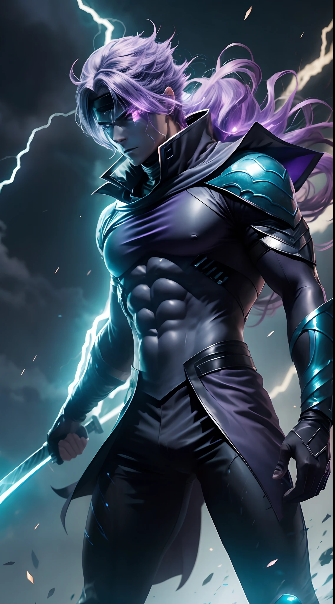 Epic anime style, extremely accurate rendering, purple lightning, evil aura, 20 year old male shadow assassin, brilliant black aura, shadow guardian, handsome face, dazzling and grave. Beautiful standard body and perfect body structure. full body shot of a man with a long sword-shaped lightning bolt in his hand, an epic anime about a purple energy man, in a fighting stance with a long purple-black ponytail and glowing eyes Red light looks at the viewer, full pants. Gapmoe Yandere cool, menacing appearance, gintama's Hijikata Toushirou, inspired by Masanobu Okumura, the originator of the anime art style, Nobutaka Ike, the night war going on behind him. Highest image quality 8K, details of everything 8K.