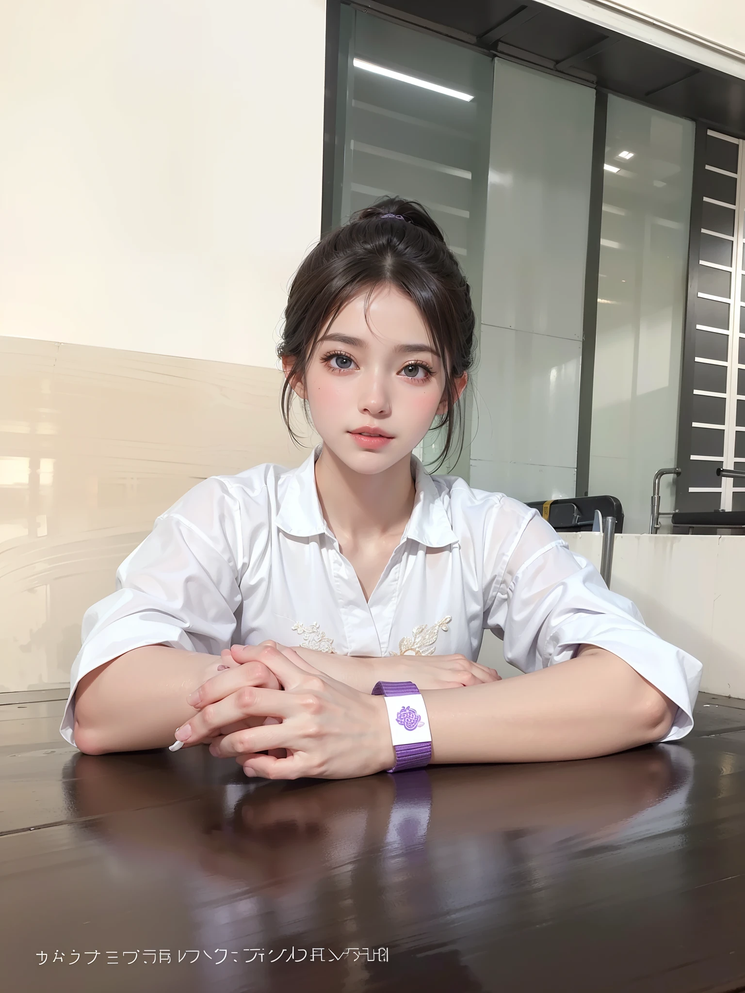 Masterpiece, highest quality, (((masterpiece))), (((highest grade))), ((extra fine)), (illustration), ((extremely delicate and beautiful)), dynamic angle, (beautiful detailed eyes), (detailed light), (1 girl), (big_breast:1.2), ponytail hair, (black hair), dark brown sparkling eyes, natural,light smile, complete anatomy, highly detailed beautiful face, (purple gymnast), (attractive pose:1.2), (at gymnastic stadium),
