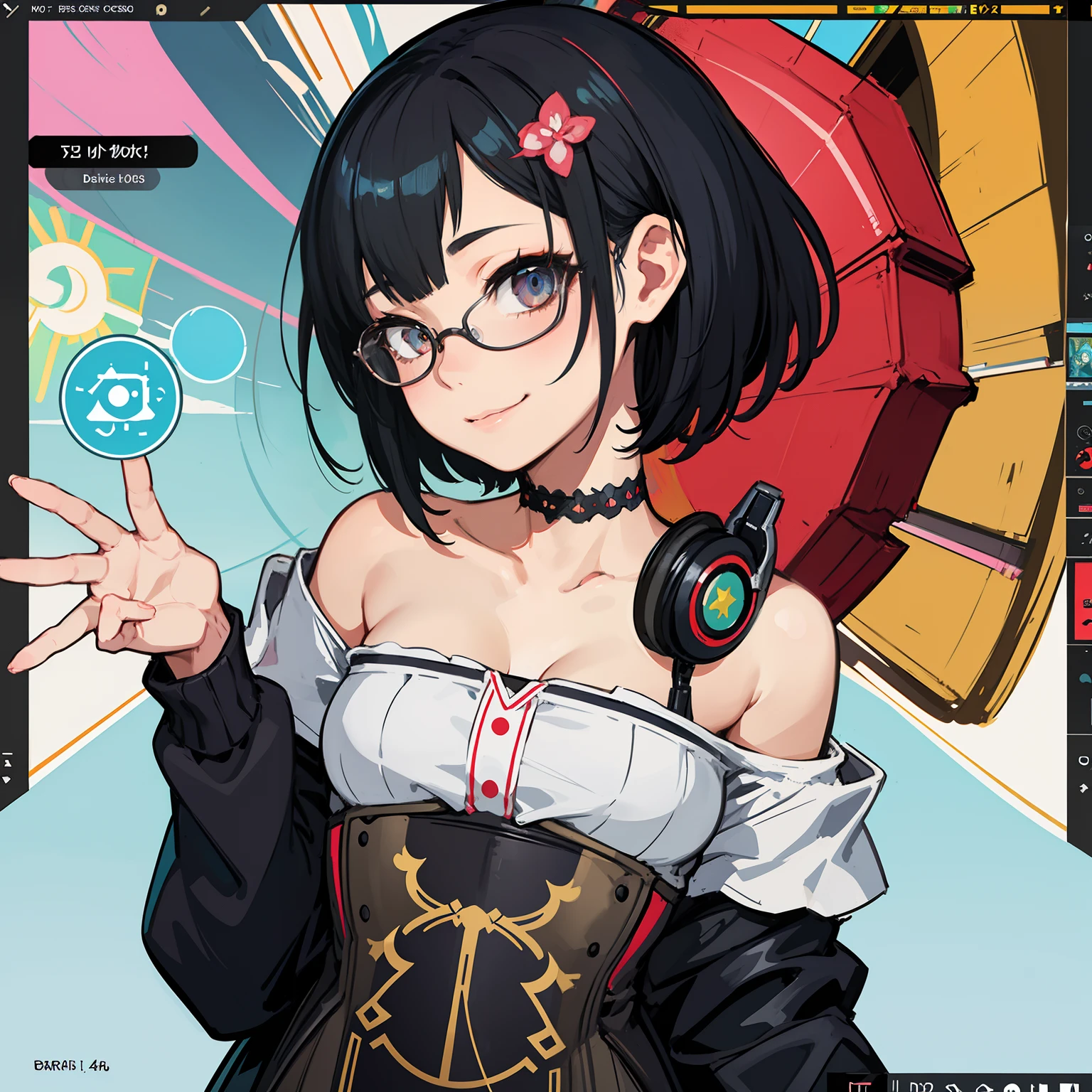 Cute, chibi, anime, streamer avatar, happy face, cute smile, headset, profile picture format, bust up, 1 girl, cute smile, glasses, youtuber, vtuber, video streamer, cyberpunk theme, off shoulder, sexy upper body, close up, looking to viewer. flat gray color for background style ivan talavera and artgerm, inspired by Ray Caesar, karol bak uhd, beautiful digital artwork, in style of artgerm, stunning digital illustration, fantasy art behance, style artgerm, render of april, in the style artgerm 64k