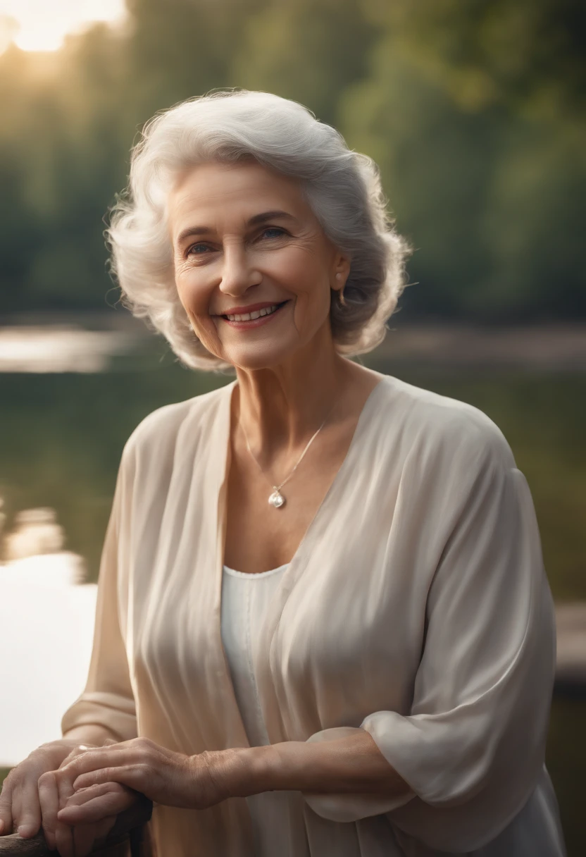 an elderly Eleanor,smiling, by the river,,"realistic,photorealistic:1.37","best quality,4k,8k,highres,masterpiece:1.2",portrait,"detailed eyes,detailed lips,smiling face,gray hair","peaceful atmosphere","soft natural lighting",nature,water,reflection,gentle breeze,serenity