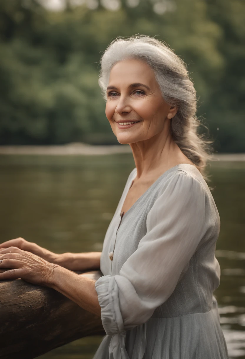 an elderly Eleanor,smiling, by the river,,"realistic,photorealistic:1.37","best quality,4k,8k,highres,masterpiece:1.2",portrait,"detailed eyes,detailed lips,smiling face,gray hair","peaceful atmosphere","soft natural lighting",nature,water,reflection,gentle breeze,serenity