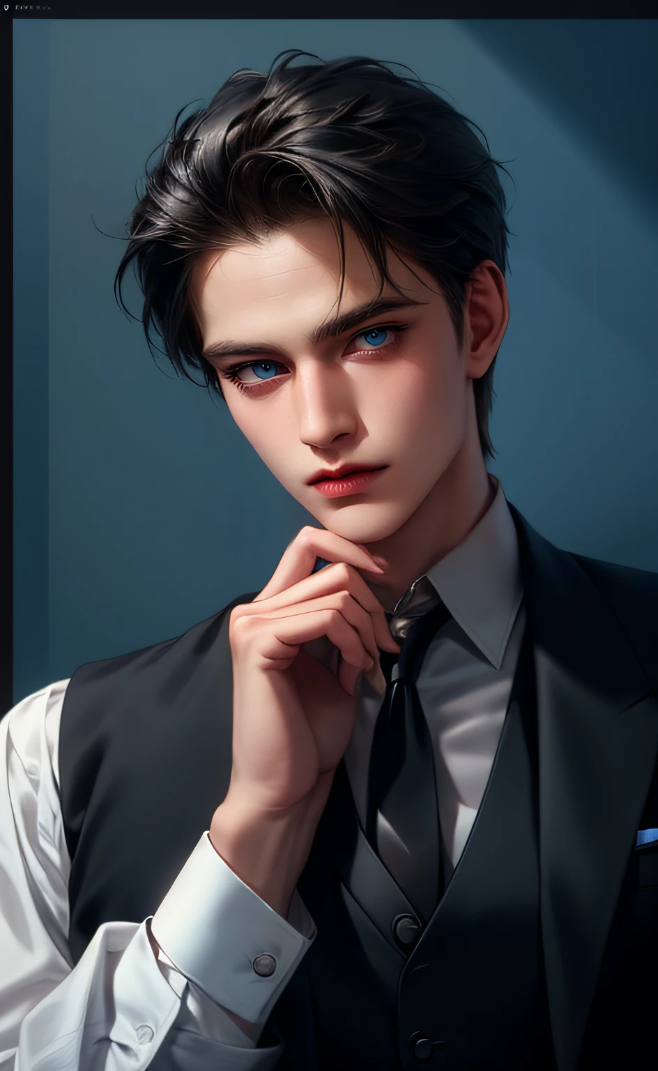 (masterpiece,best quality,ultra_detailed,highres,absurdres),1 mature male, 30-ish, (wide shoulder), (muscular), male focus, solo, black hair, chain, shirt, black necktie, necktie, simple background, blue eyes, upper body, vest, short hair, looking at viewer, parted lips, collared shirt, round eyewear, long sleeves, black shirt, black vest, monocle, jewelry, lawyer, court background.