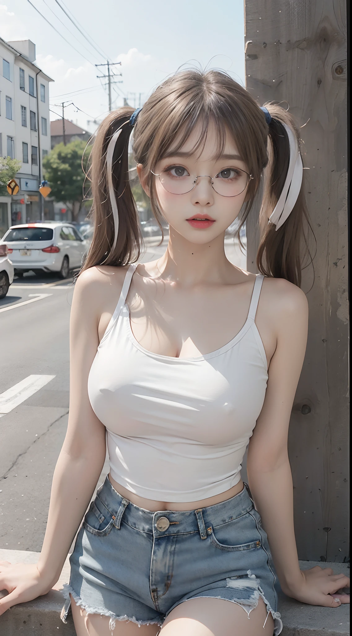 Top image quality、Raw photography、超A high resolution、18-year-old Korean、Glasses beauty、Colossal tits:1.7、cleavage of the breast:1.8、Healthy complexion、shiny white skin、((twintails))、((Light brown silver hair))、Beautiful eyes with random colors、very thin lips、beautiful eyes finely detailed、elongated eyes、pale pink blush、long eyeslashes、Beautiful double eyelids、eyeshadows、耳Nipple Ring、(Fashionable glasses、White tight tank top、denim short pants、Beautiful legs、Attractive thighs)、street snap、moderate leg thickness、Shot with emphasis on the legs、is standing、Photograph the whole body、Bring your chest together
