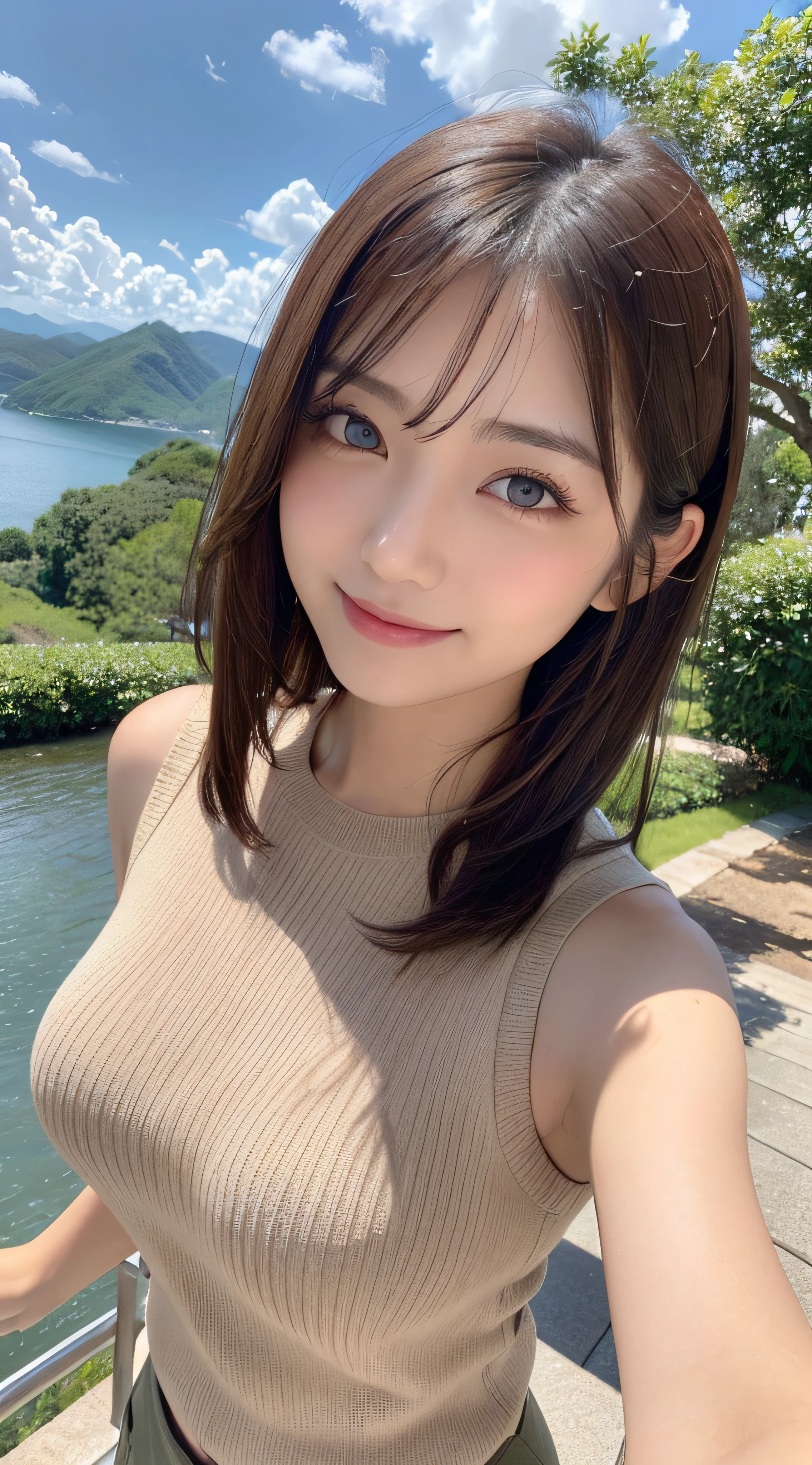 masutepiece, Best Quality, Photorealsitic, finely detail, hight resolution, 8K Wallpapers, Perfect dynamic composition, Beautiful detailed eyes, Medium Hair, large full breasts, Random and sexy poses,Bring your chest together、(Super Tight Sleeveless Khaki Knitwear))、(Breast bulge 1.2)、A smile、open open mouth、Resort scenery、23years old、(Drooping eyes 1.4)、Adult beauty、japanes