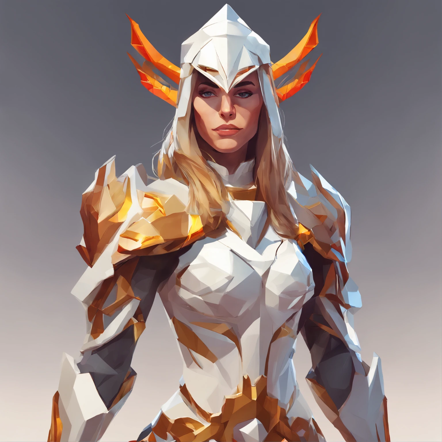 An armored paladin woman kneeling on one knee holding a flaming sword, abstract beauty, Centered, Looking at the camera, Facing the camera, nearing perfection, Dynamic, Highly detailed, smooth, Sharp focus, 8K, high definition resolution, illustration, adobe illustrator, flat, Art by Ramil Sunga, Casper Konefal, Nick Thornborrow, and Matt Rhodes