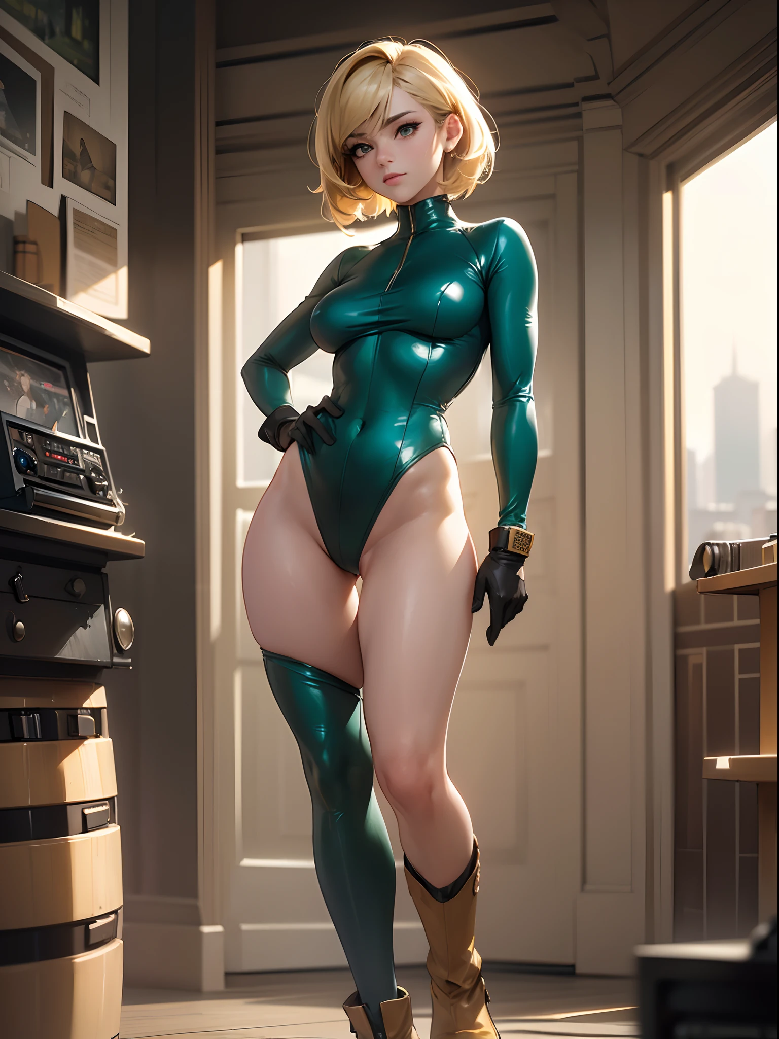 (masterpiece, best quality:1.4), ultra-detailed, soft light, natural lighting, cinematic light, film grain, (depth of field), (1woman, solo:1.4), mature woman, perfect female form, (perfect face, detailed face, glossy lips, eyeliner), short hair, blonde, (natural breasts), (green leotard, bare legs, gloves, boots), (mixtape:1.4), (city backdrop), (standing), hand on hip, full body shot