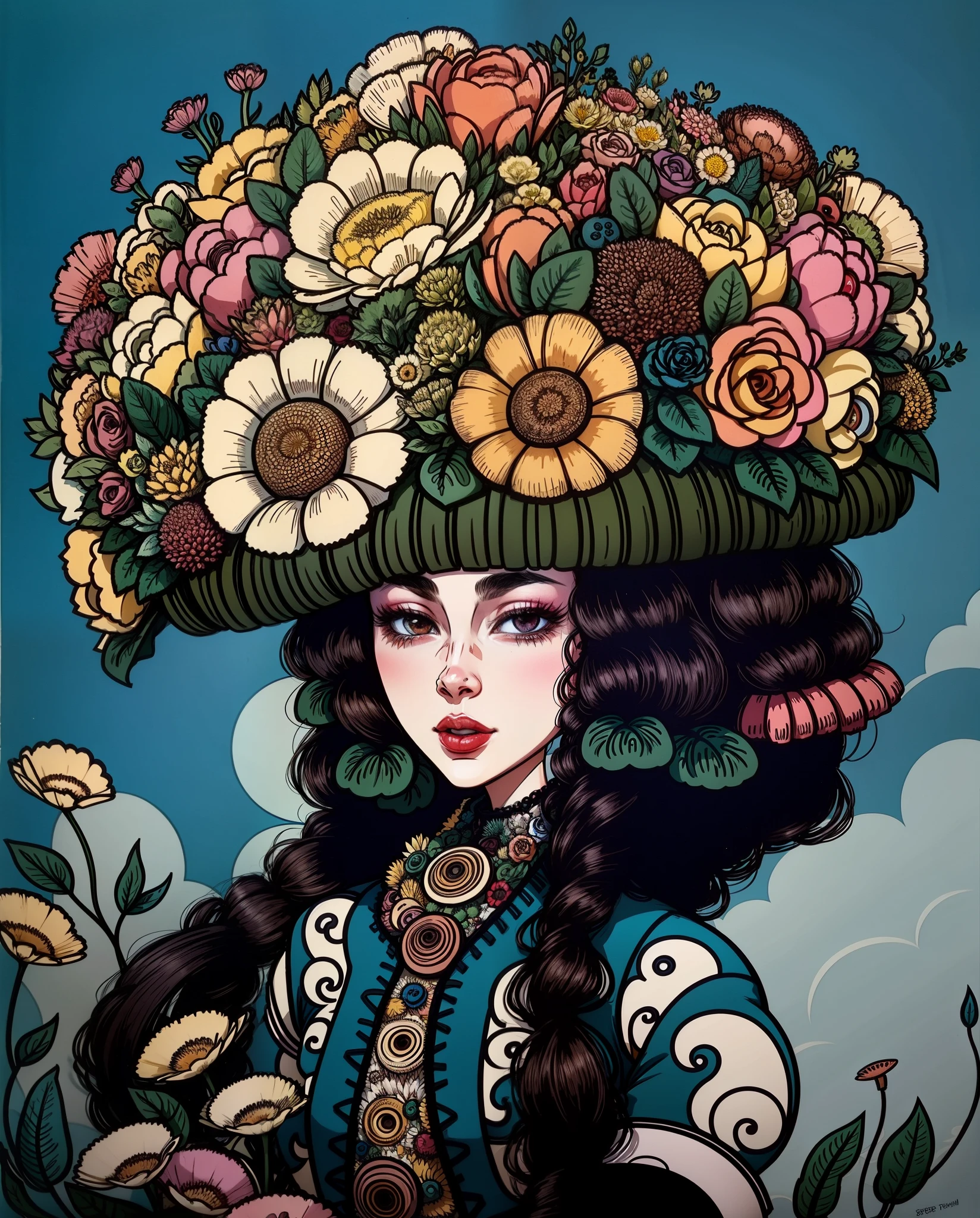 arafed woman with a large bouquet of flowers on her head, covered with flowers, inspired by Modest Urgell, 1960s orientalism, turban of flowers, carrying flowers, woman in flowers, by Bert Stern, flower head, covered in flowers, clothes made out of flower, art deco flower shaman, flower queen, floral headdress
