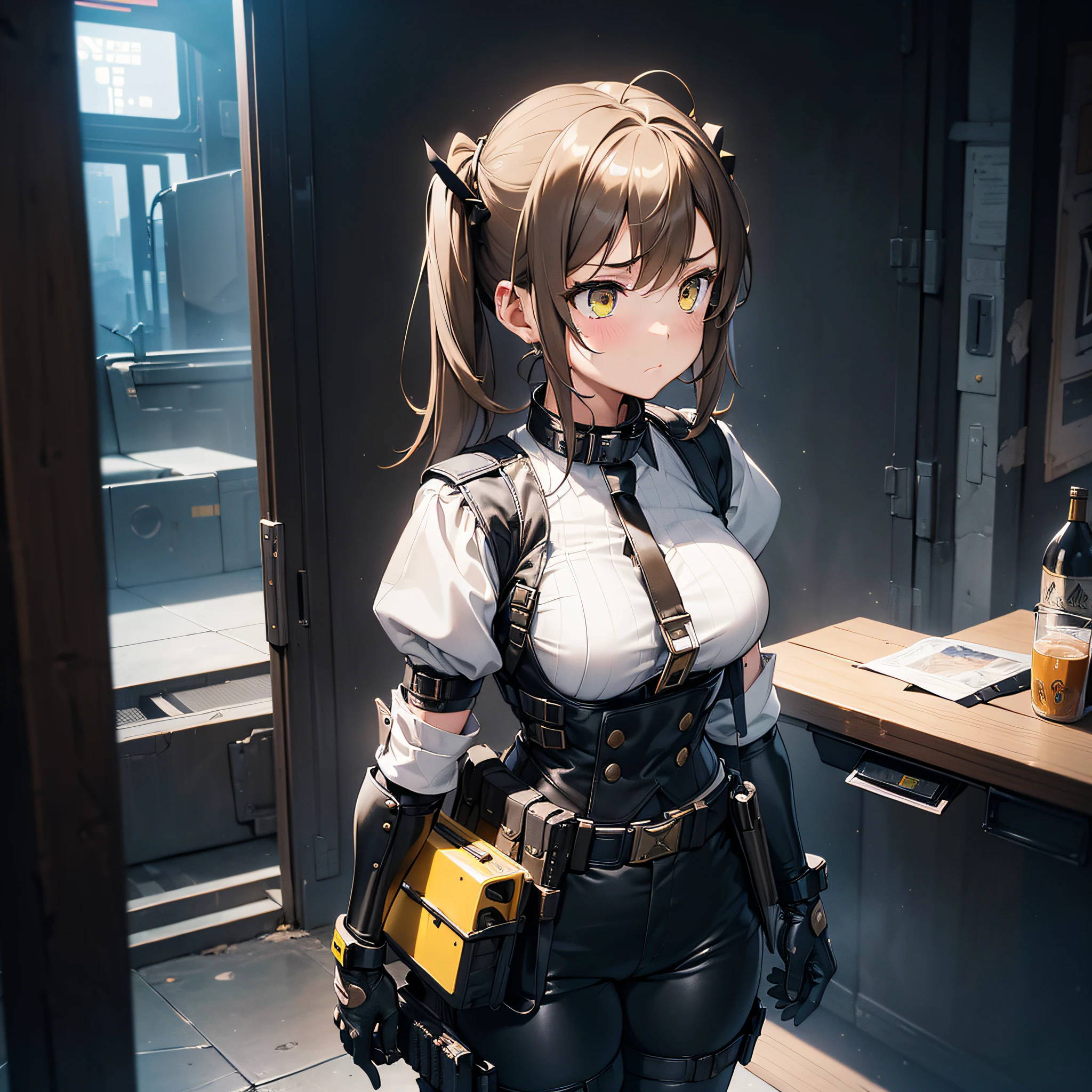 (best quality, masterpiece, extremely detailed) 1girl, adult, DD-Cup size breasts, thighs, solo, light short brown pigtails, yellow eyes, sad face, collar-up shirt with a vest, black arm guards,  white sleek military-grade pants, glove military gloves, high-tech earpiece, night sky, futuristic French slums, black collar,