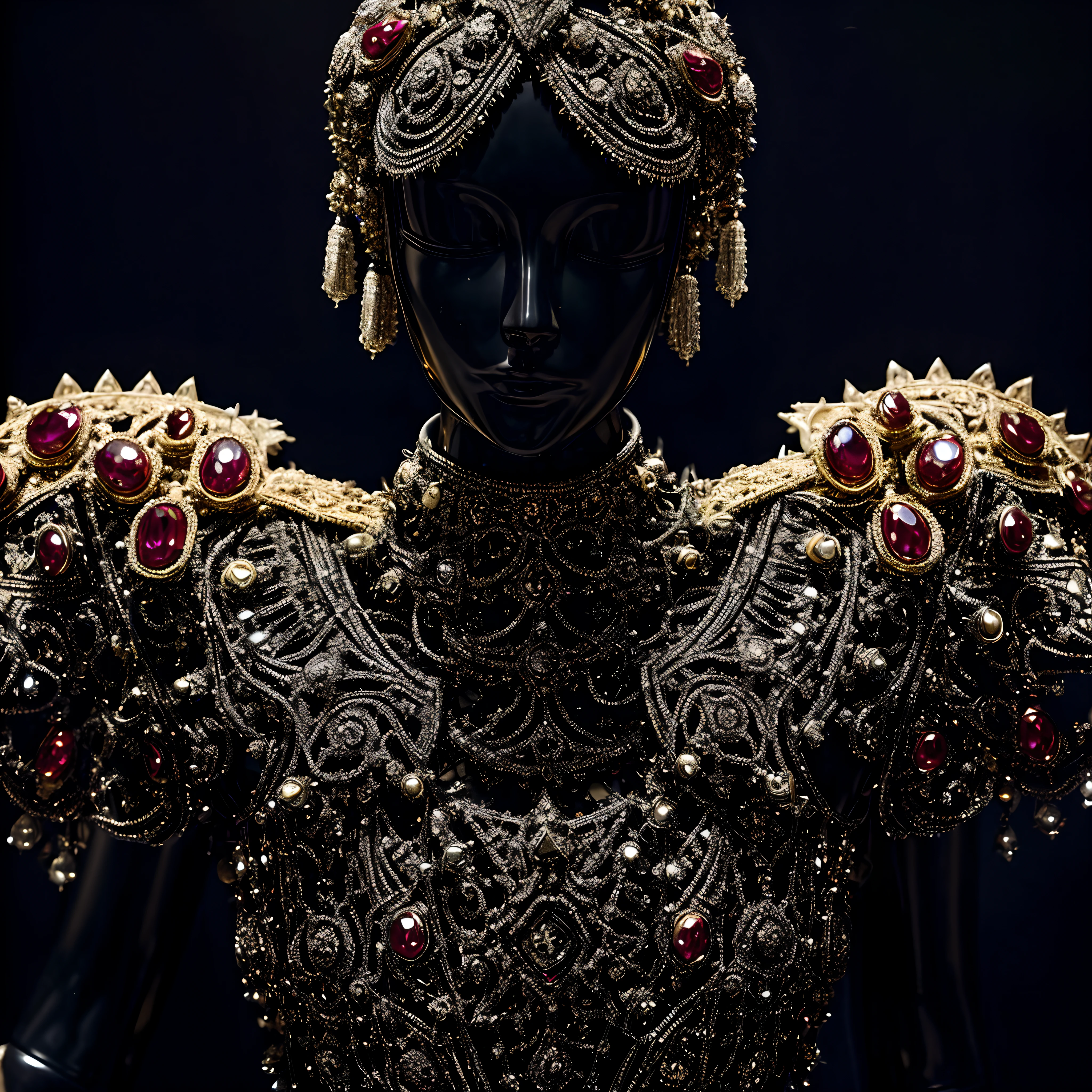 a close up of a mannequin with a crown on it, jeweled costume, bejewelled and encrusted royalty, stunning armor, encrusted with jewels, beautiful armor, intricate costume design, ornate cyberpunk armor, covered in jewels, intricate ornate armor, ornate armor, ornate gothic armor, ornate filigree armor, wearing diamond armor, ornamental armor, intricate baroque armour