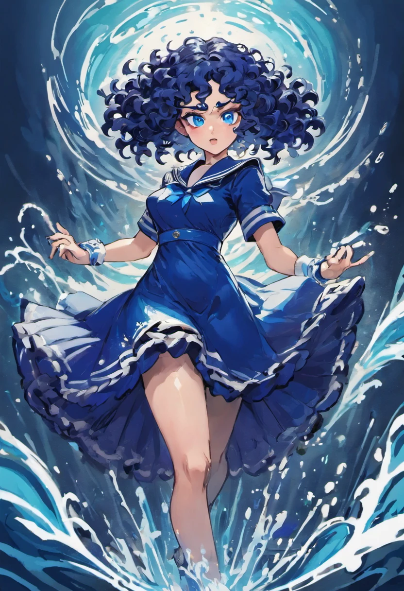 Dark blue dress with collar of sailor suit Blue wavy curly hair Blue eyes Manipulating the water element Goddess of the Sea Plain