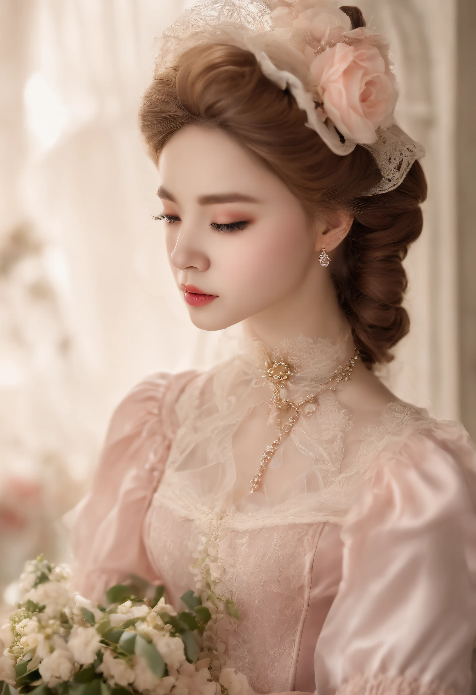 Young pretty girl in Victorian style、Gamine、 1. lo fashion: Victorian fashion is characterized by dressy and elegant design。Ruffles and laces、corsets、Try incorporating elements such as long dresses。 2. hairstyle on: Women's hairstyles in the Victorian era are often complex and delicate。Upstyling and curling、It is also a good idea to add ribbons and floral ornaments to the hair.。 3. Features: Girl's facial features with soft features、Beautie、kawaii、Beautiful 5. accessorized: Accessories played an important role in the Victorian era。Hats、choker necklace、gloves、umbrellas, etc.、By drawing accessories with attention to detail、You can give your character personality。 Nice dress、florals、Luxurious costumes、pink there、PastelColors