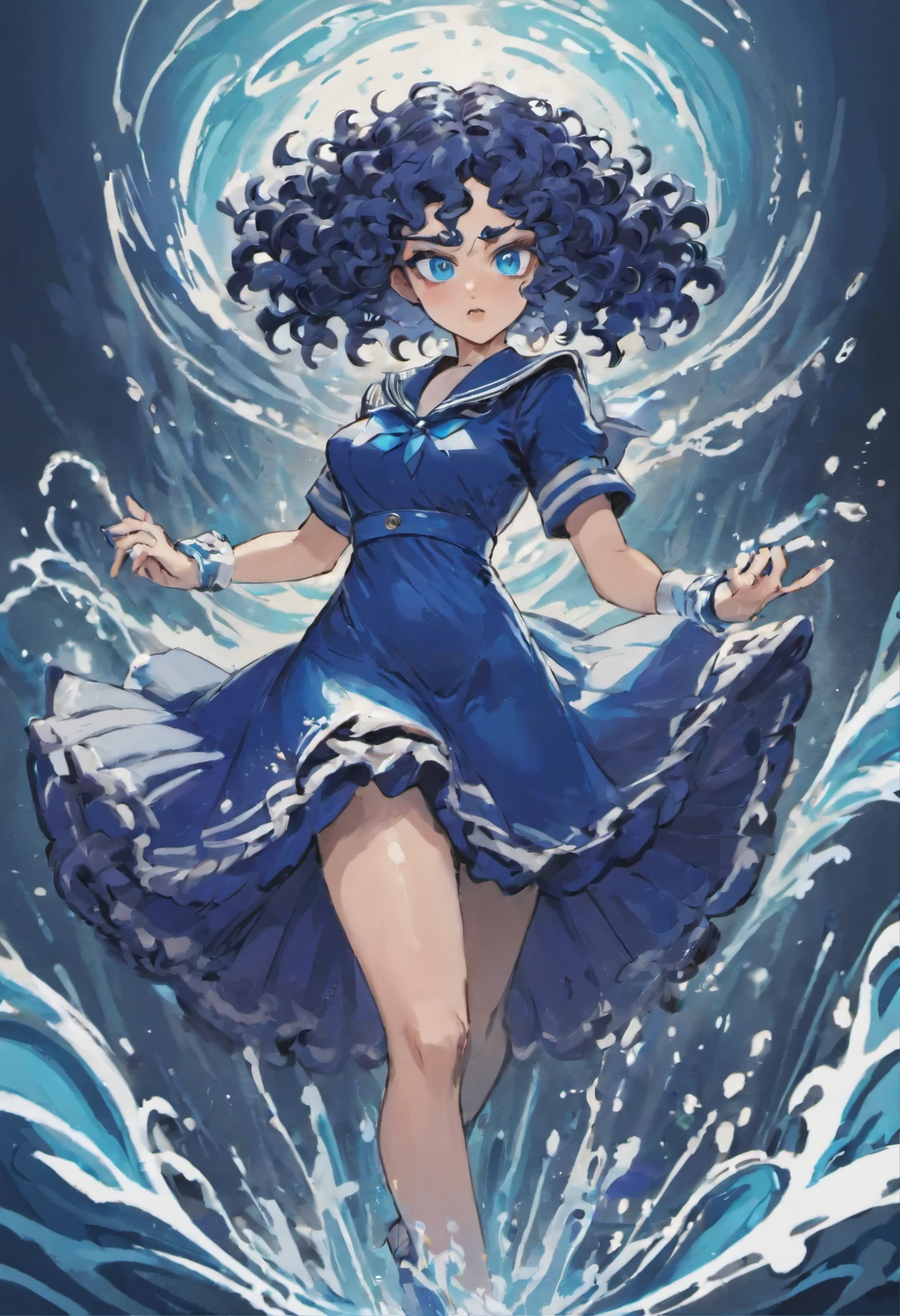 Dark blue dress with collar of sailor suit Blue wavy curly hair Blue eyes Manipulating the water element Goddess of the Sea Plain