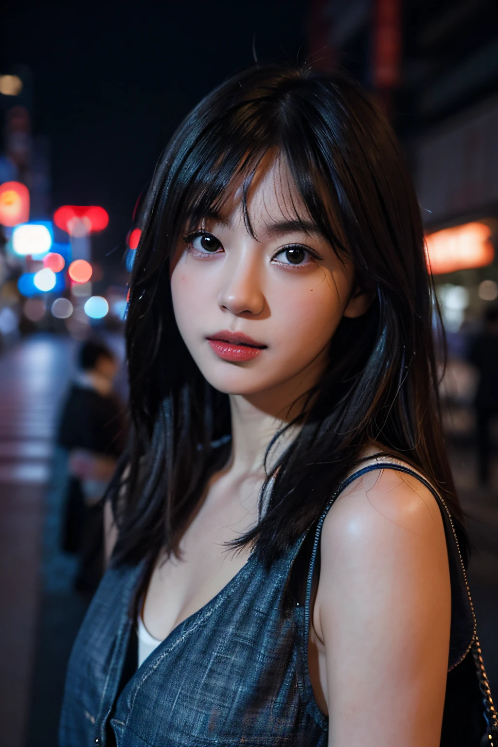 1girl, Tokyo street,night, cityscape,city lights, upper body,close-up, 8k, RAW photo, best quality, masterpiece,realistic, photo-realistic,