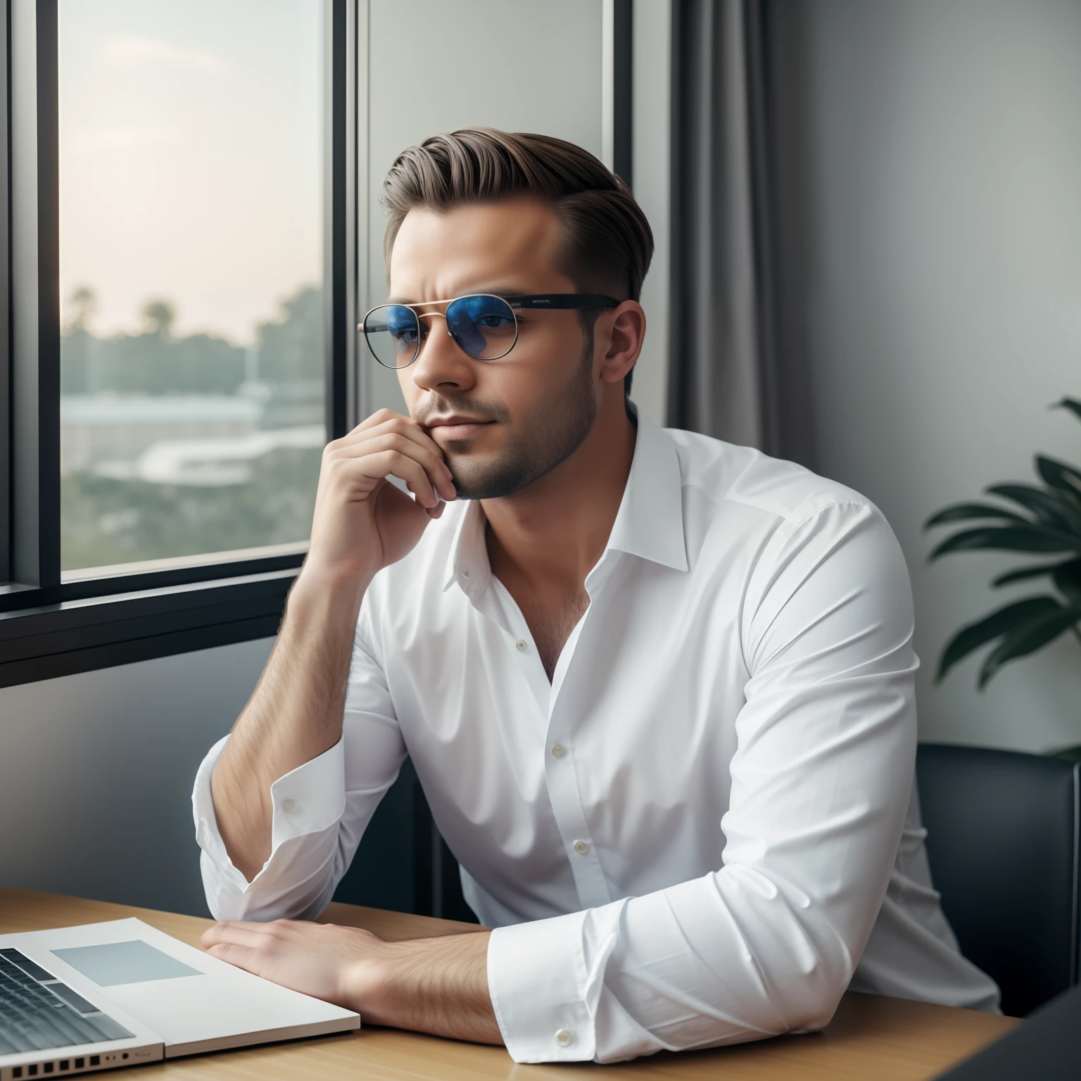 A Nordic publicist, 25 anos, oculos de sol, 8k, pele com rugas, textura de pele ultrarealista, rosto, ultrarealista, faz parte do seu home office. He's dressed in a dress shirt.. Na mesa em frente a ele, There is a notebook. He's immersed with a thoughtful air. He has his arms crossed, detalhes ultrarealistas, fotografia editorial, Nikon D850, filme fotografia de stock ,4 Kodak Portra 400 ,camera f1.6 lentes ,cores ricas ,hyper realistic ,Textura realista, dramatic lighting , cinestill 800