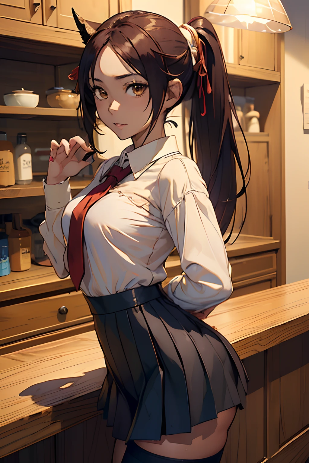 drooping eyes, eyes realistic sizing, pleated skirt, (((round face, blush))), ((table corner is hit her crotch)), ribbon, panties, (((a woman is being held at her butt from behind by arms))), (stylish glasses, braid), (dim old storeroom),