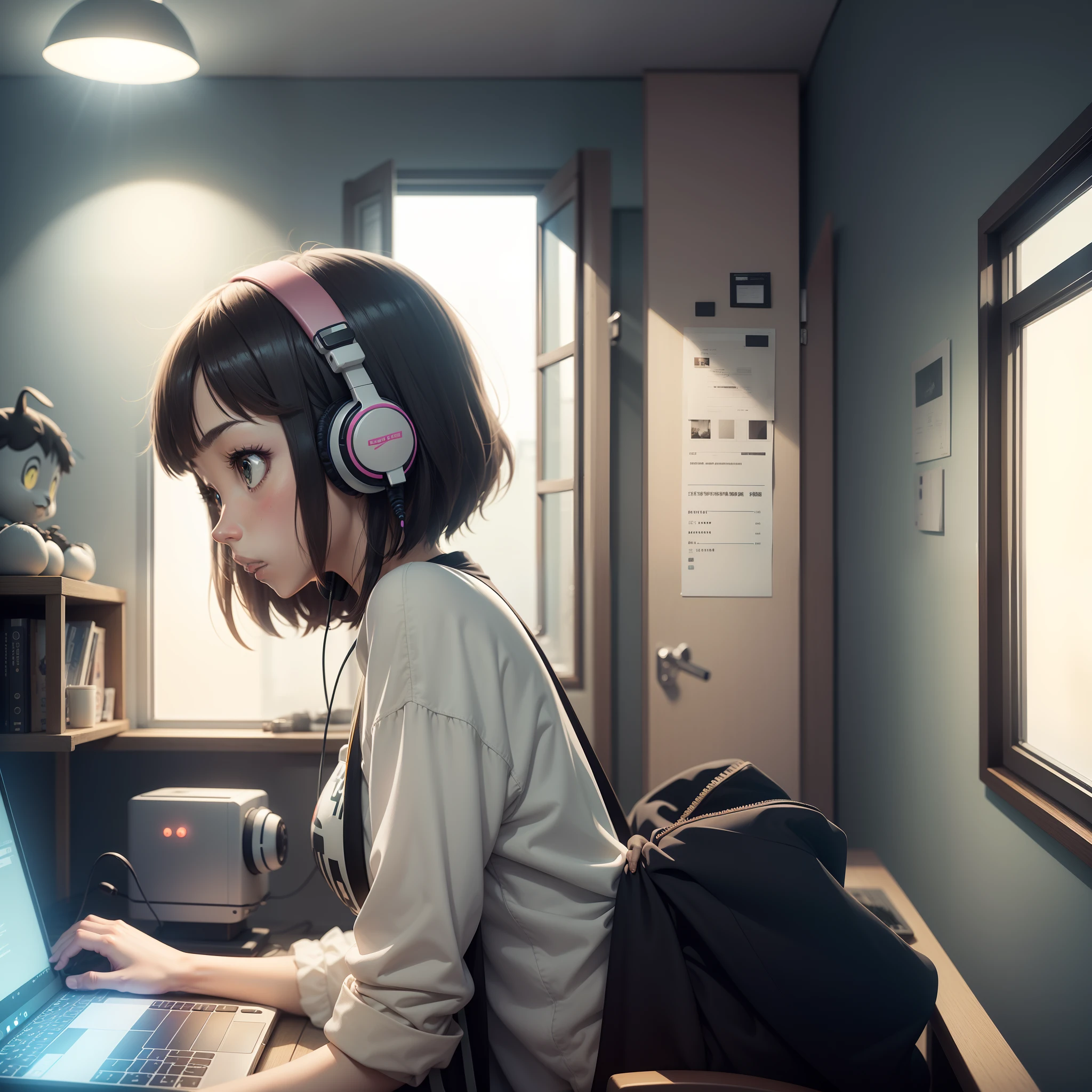 anime girl with headphones on typing on a laptop in a room, lofi girl, lofi artstyle, lofi art, style in ghibli anime style, style in ghibli anime, in the studio ghibli anime film, ghibli studio anime style, lofi, lofi feel, lofi colors, studio ghibli composition, lofi girl aesthetic