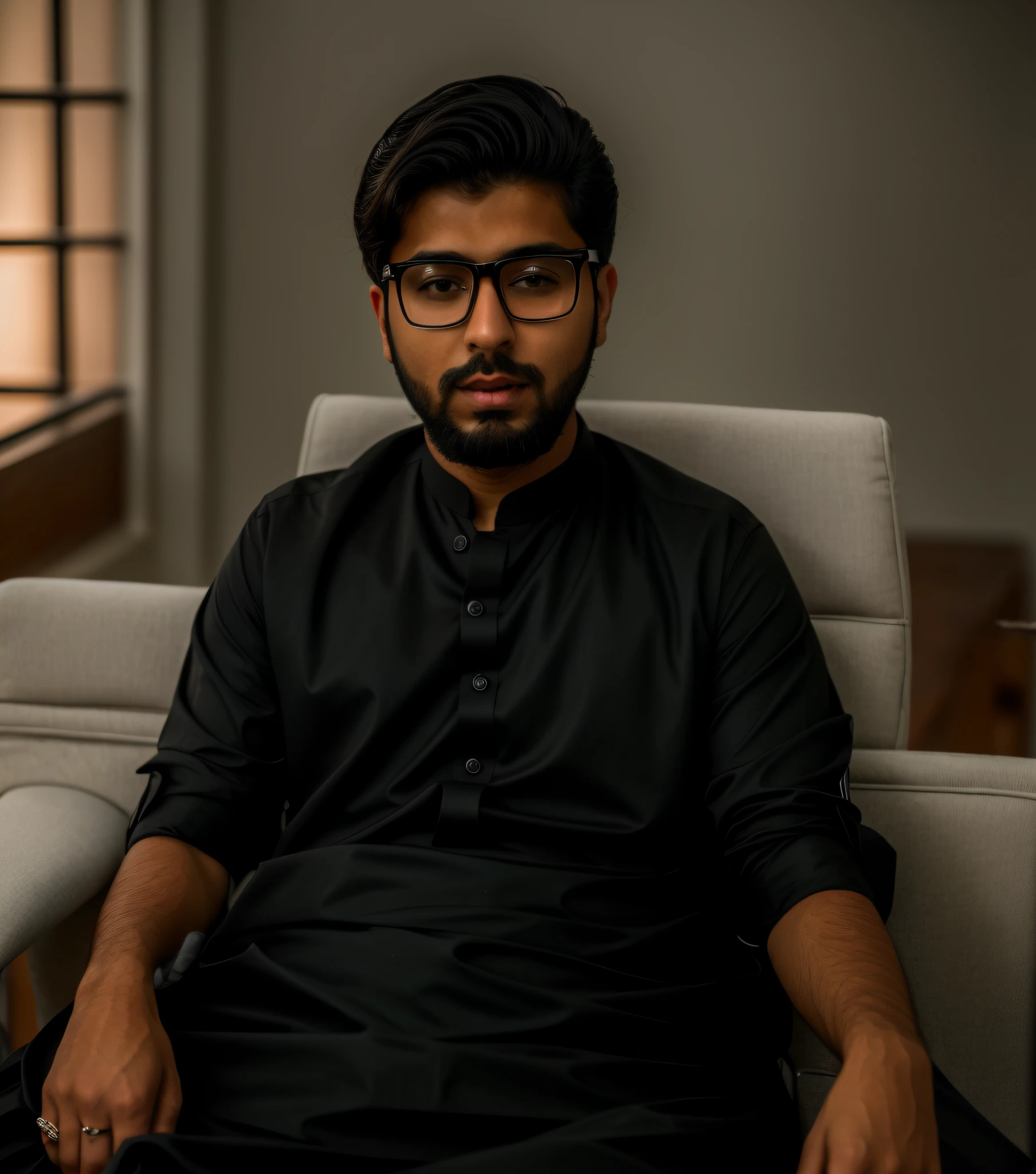 there is a man sitting in a chair with attitude kyza saleem, khyzyl saleem, profile picture 1024px, very very high quality picture, profile pic, by Riza Abbasi, ash thorp khyzyl saleem, profile picture, profile photo, profile image, riyahd cassiem, sayem reza