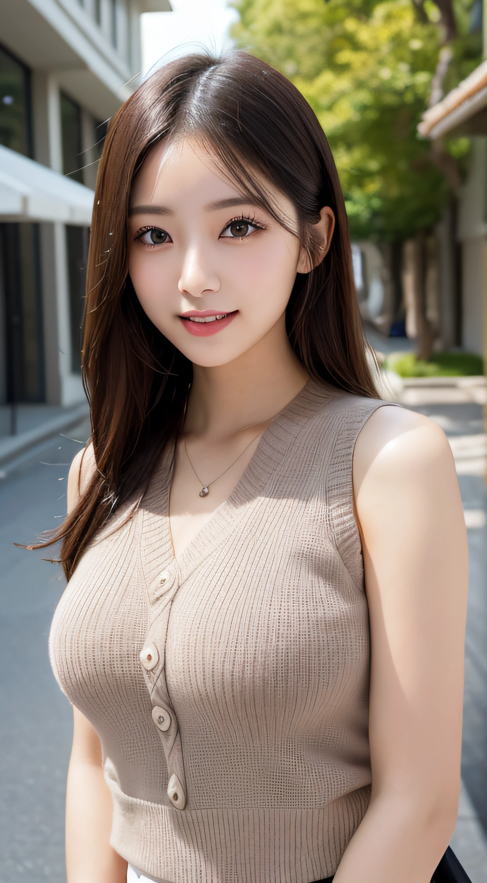 masutepiece, Best Quality, Photorealsitic, finely detail, hight resolution, 8K Wallpapers, Perfect dynamic composition, Beautiful detailed eyes, Medium Hair, large full breasts, Random and sexy poses,Bring your chest together、(Ultra Tight Sleeveless No Waist Khaki Knitwear))、(Breast bulge 1.2)、A smile、open open mouth、Resort scenery、23years old、(Drooping eyes 1.4)、Adult beauty、japanes