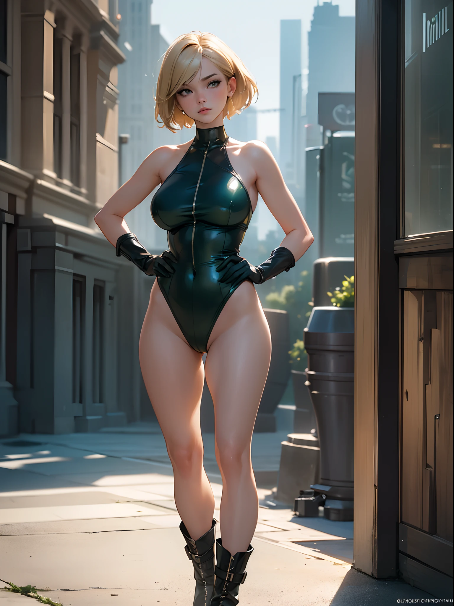(masterpiece, best quality:1.4), ultra-detailed, soft light, natural lighting, cinematic light, film grain, (depth of field), (1woman, solo:1.4), mature woman, perfect female form, (perfect face, detailed face, glossy lips, eyeliner), short hair, blonde, (natural breasts), (green leotard, bare legs, gloves, boots), (mixtape:1.4), (city backdrop), (standing), hand on hip, full body shot, heroic