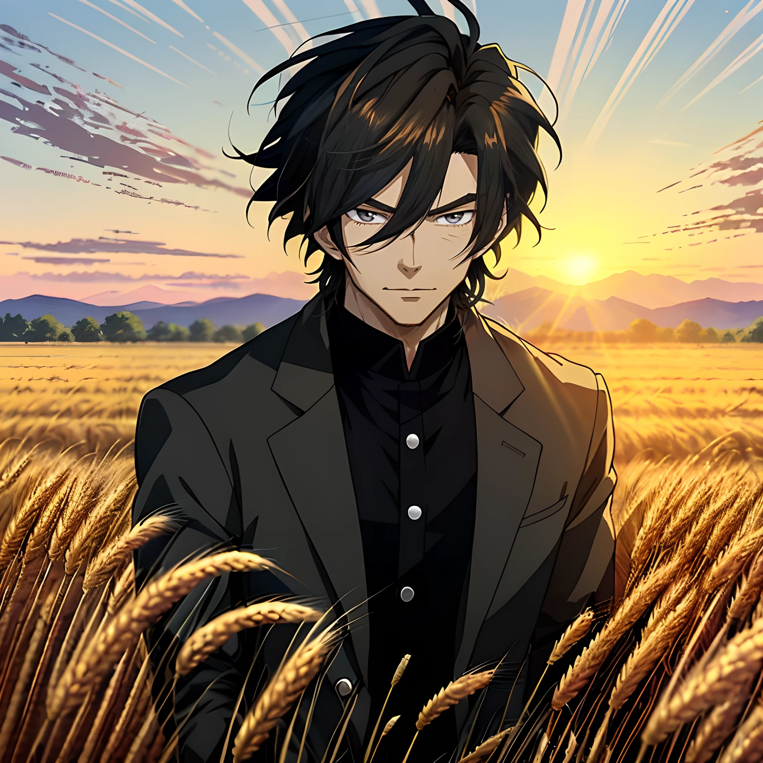 Anime boy in wheat field with sunrise background, Anime handsome man,Black color hair,Black eyes,Blackn clothes, Anime portrait of a handsome man, Official illustration, offcial art, young anime man, Key anime art,